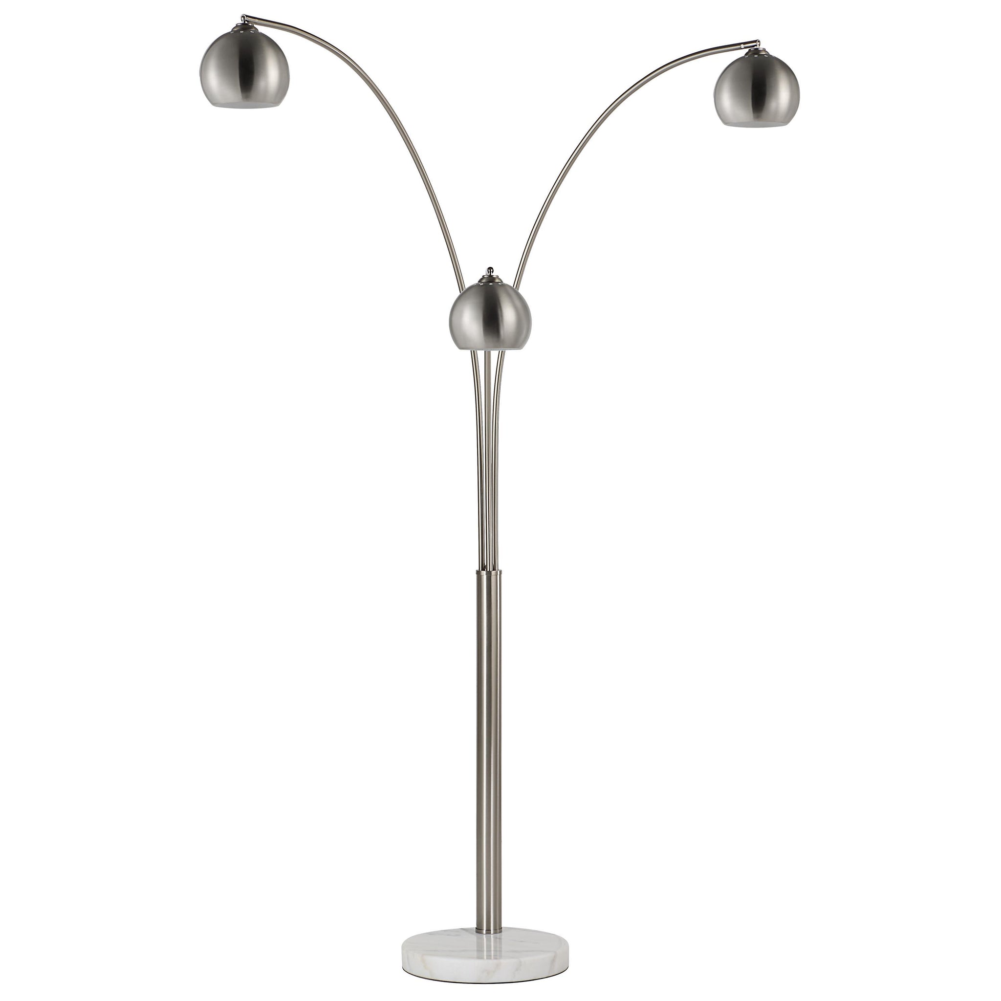 Aguillard floor lamp with two curved arms and metallic shades, resting on a round marble base.