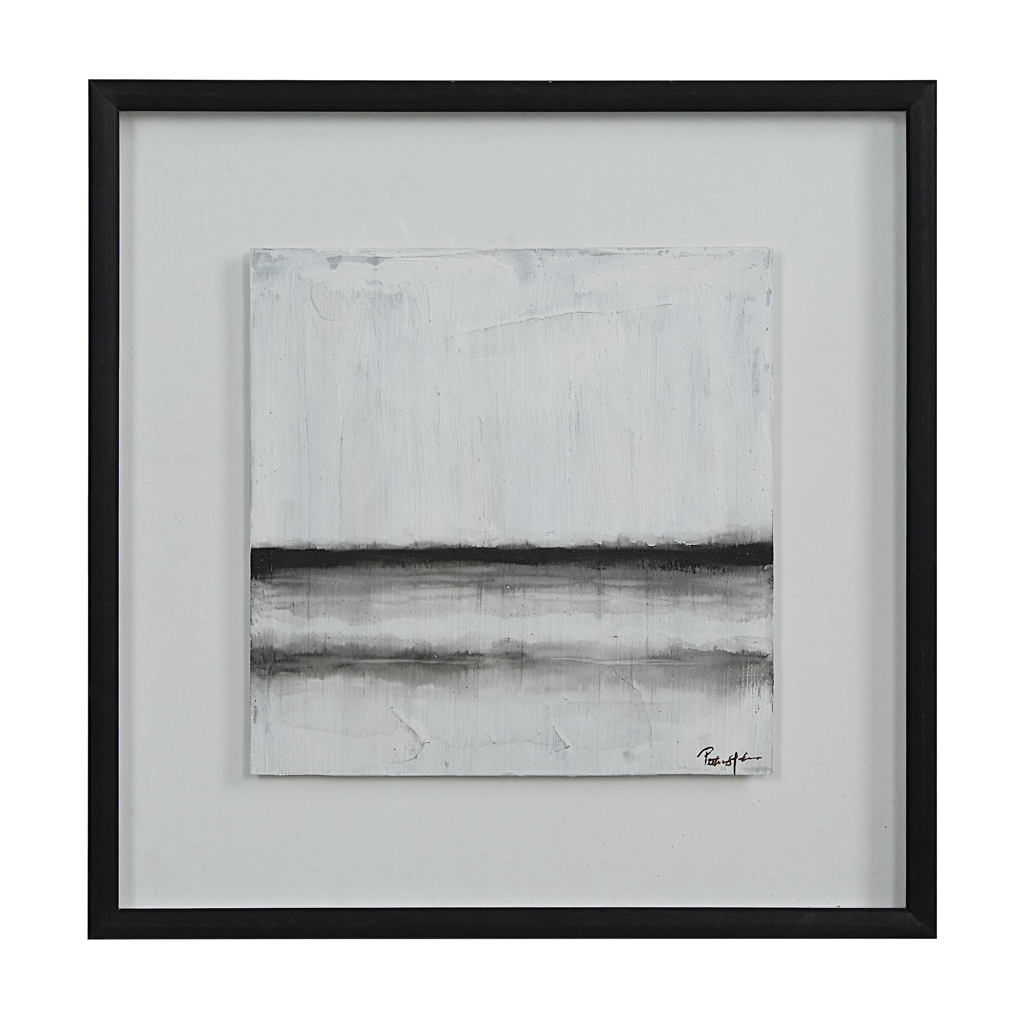 Tangelo wall art featuring a minimalist black and white abstract piece, framed in black