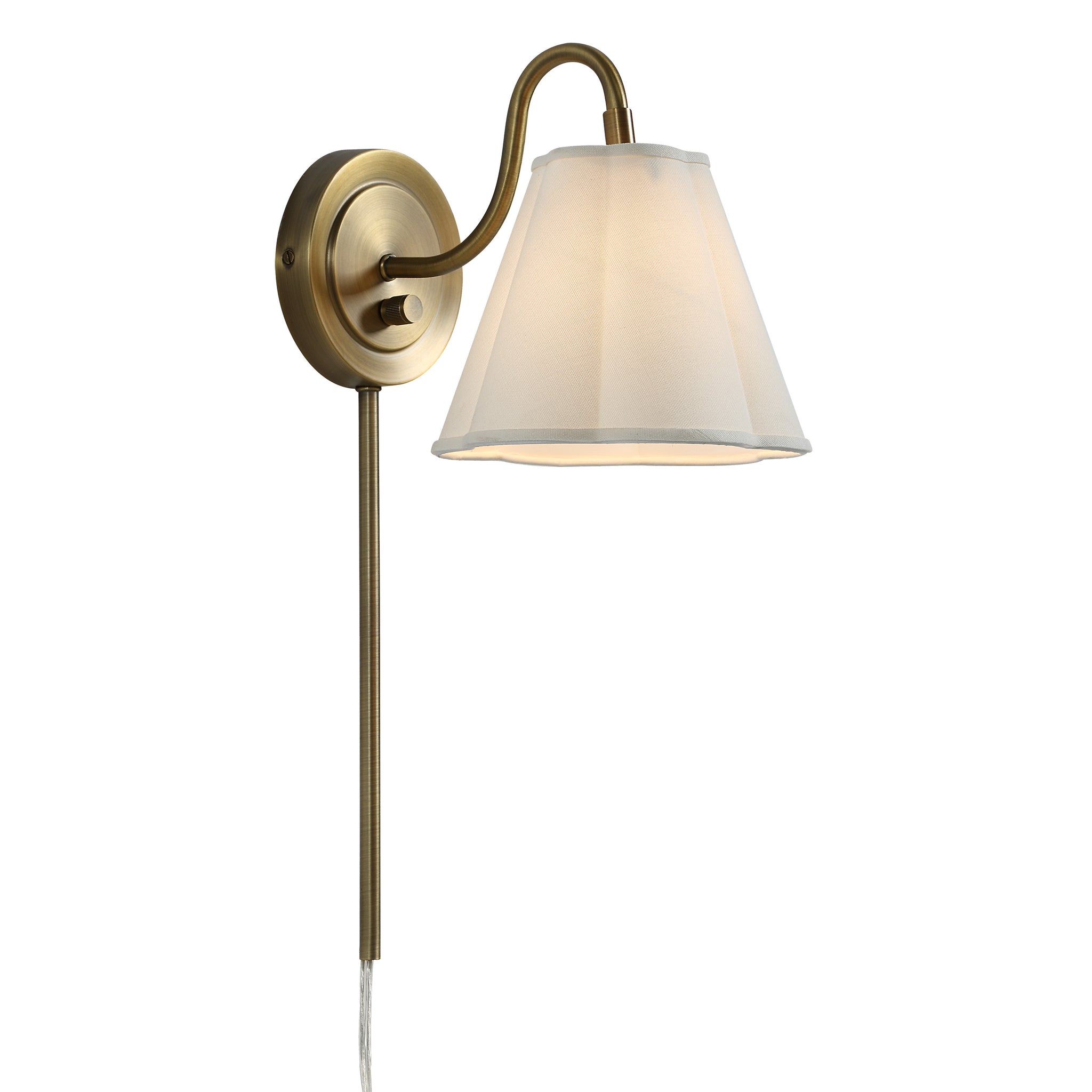 Arielle wall sconce showcasing a soft cream shade and brass arm, elegantly lit.