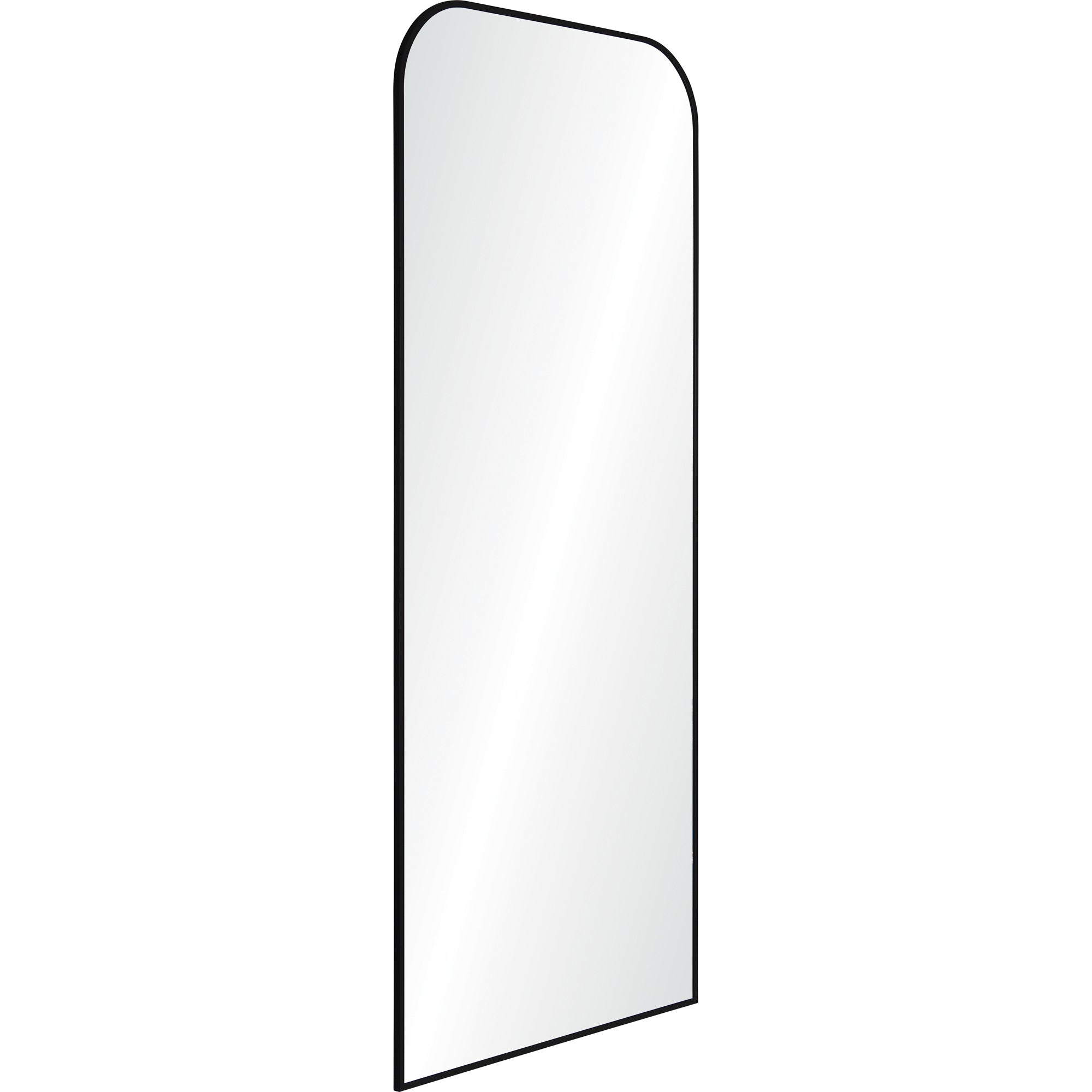 Mandret mirror by Renwil, angled view, black frame, rounded top, sleek reflective surface.