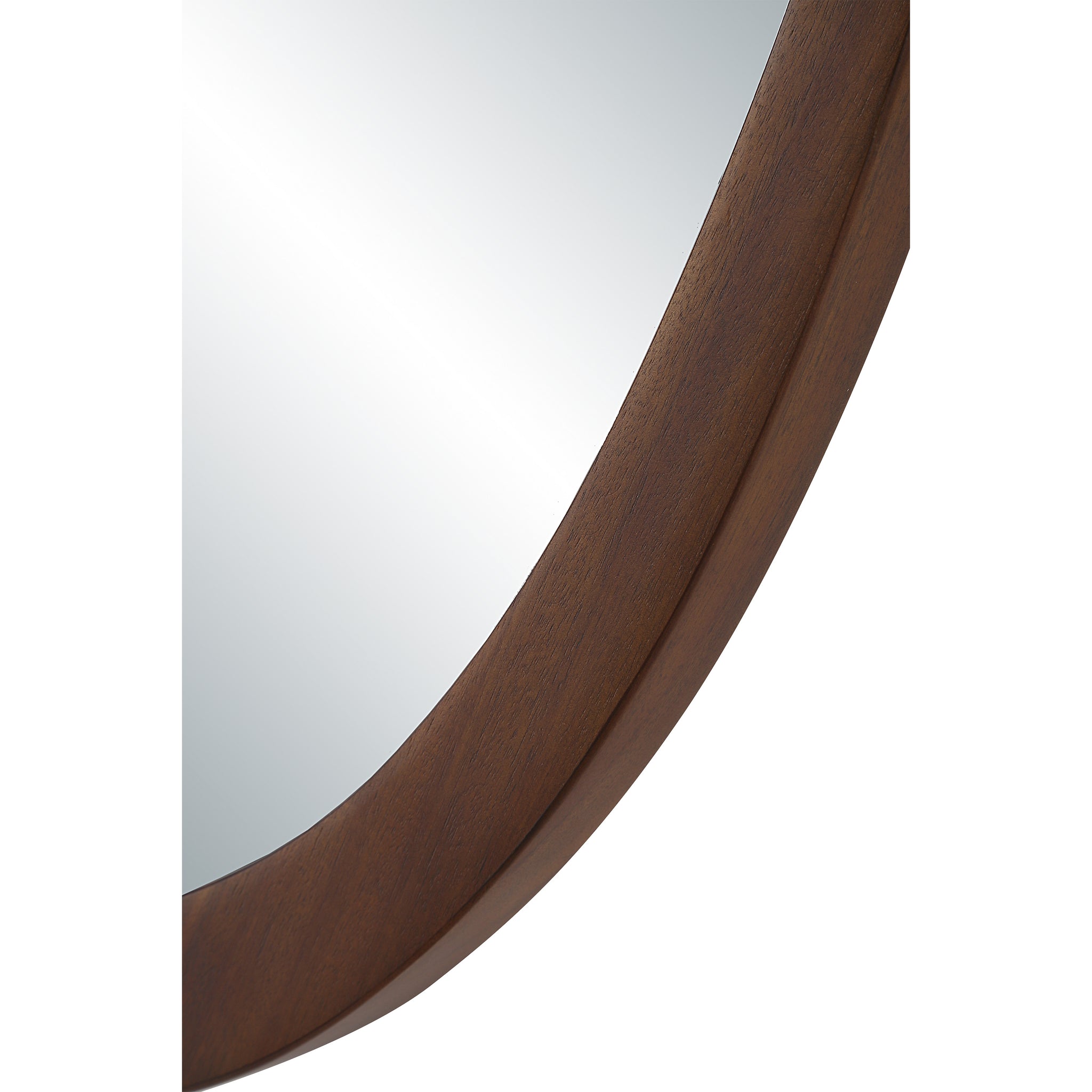 Close-up of Borago mirror's dark wood frame highlighting its curved edge.