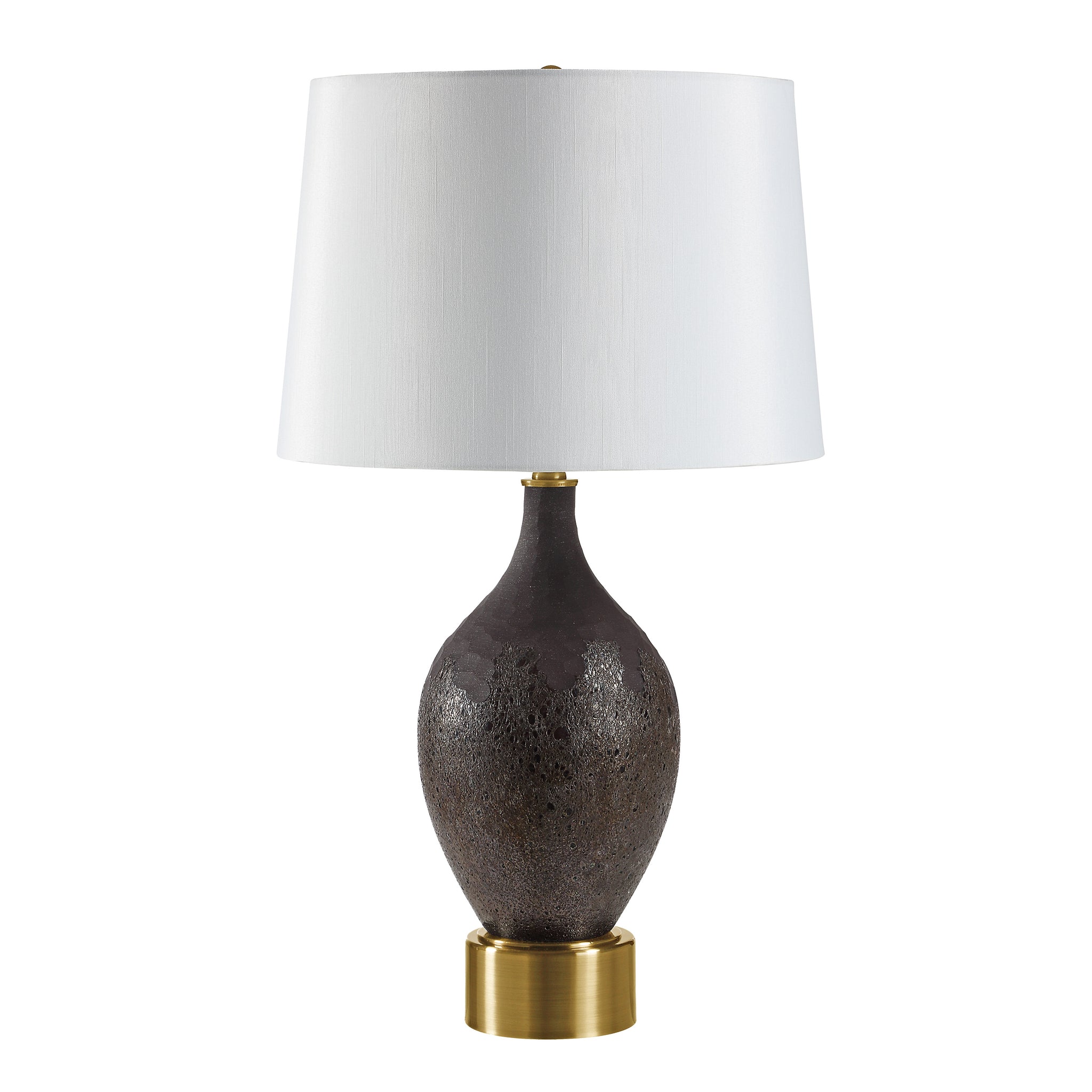 Weldon table lamp with a dark textured ceramic base and a white fabric shade