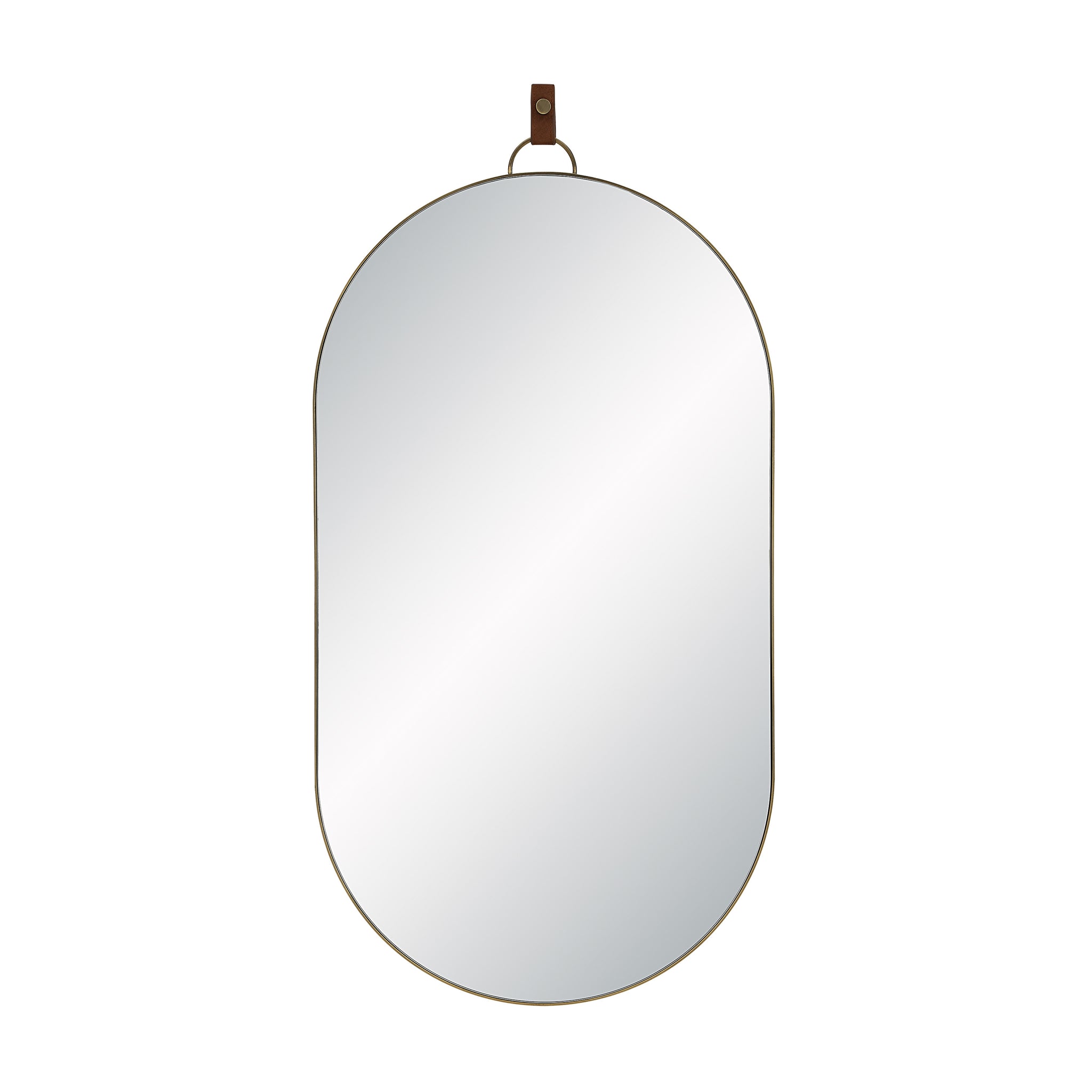 Hudson mirror by Renwil, oval shape with a leather strap, gold metal frame.