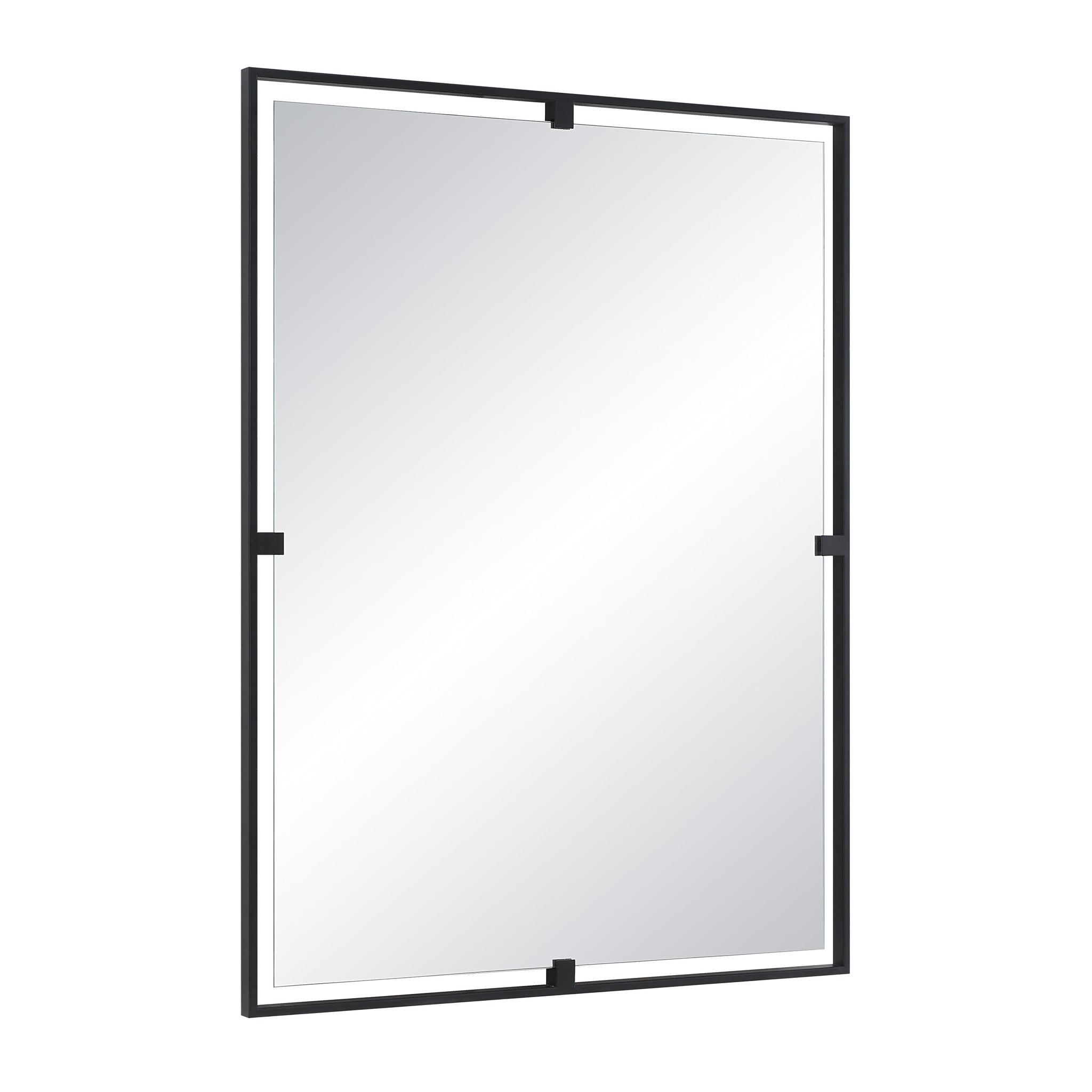 Marco Wall Mirror showcasing a black frame and clear mirror, angled view.