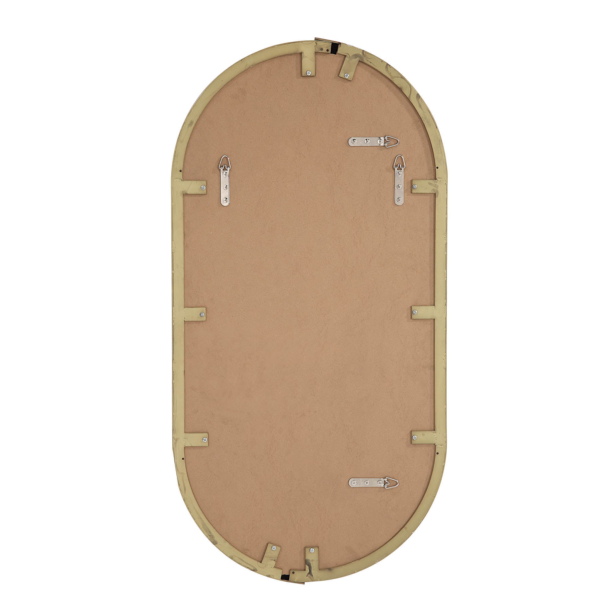 Back view of Aleah Wall Mirror displaying the mounting hardware and beige backing.