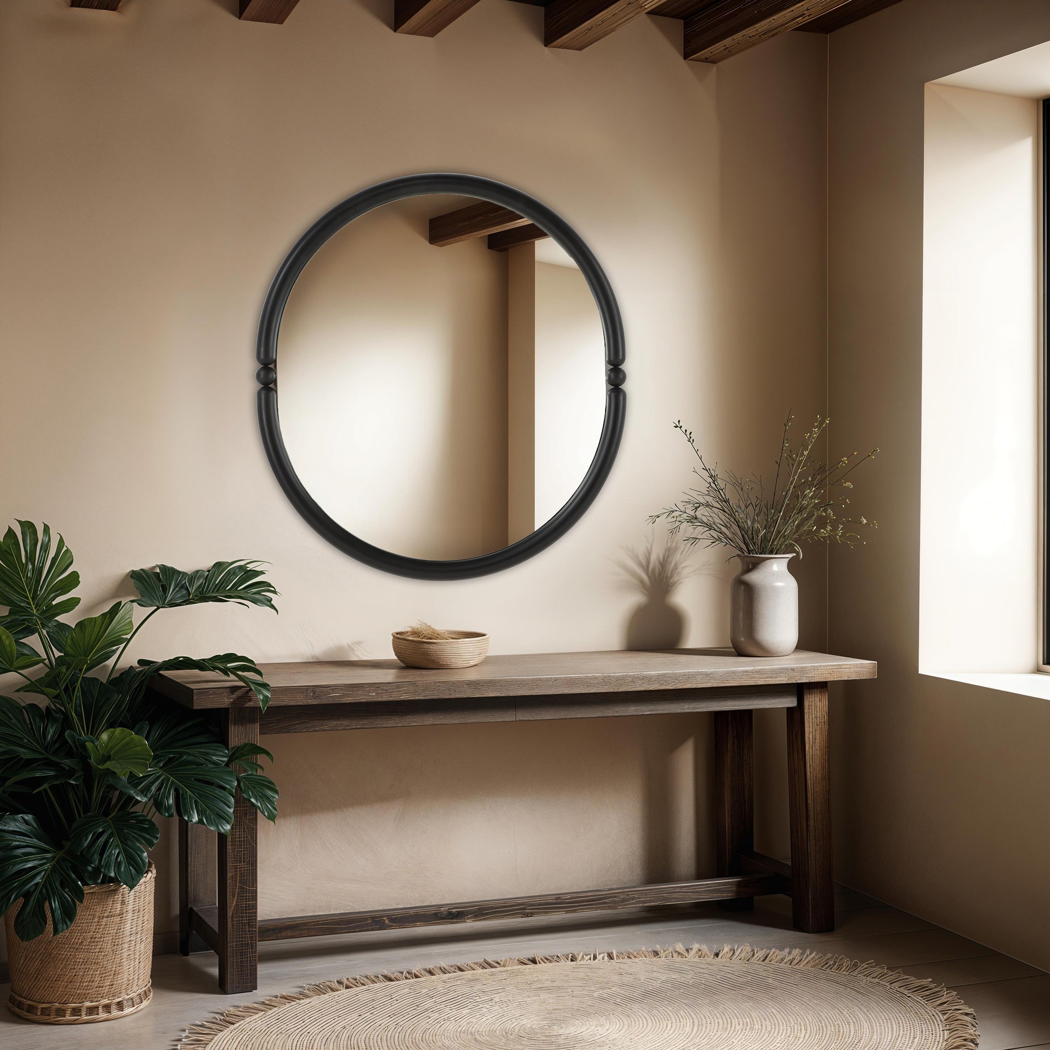 Ditto mirror by Renwil displayed in a room, mounted on a wall above a wooden table.