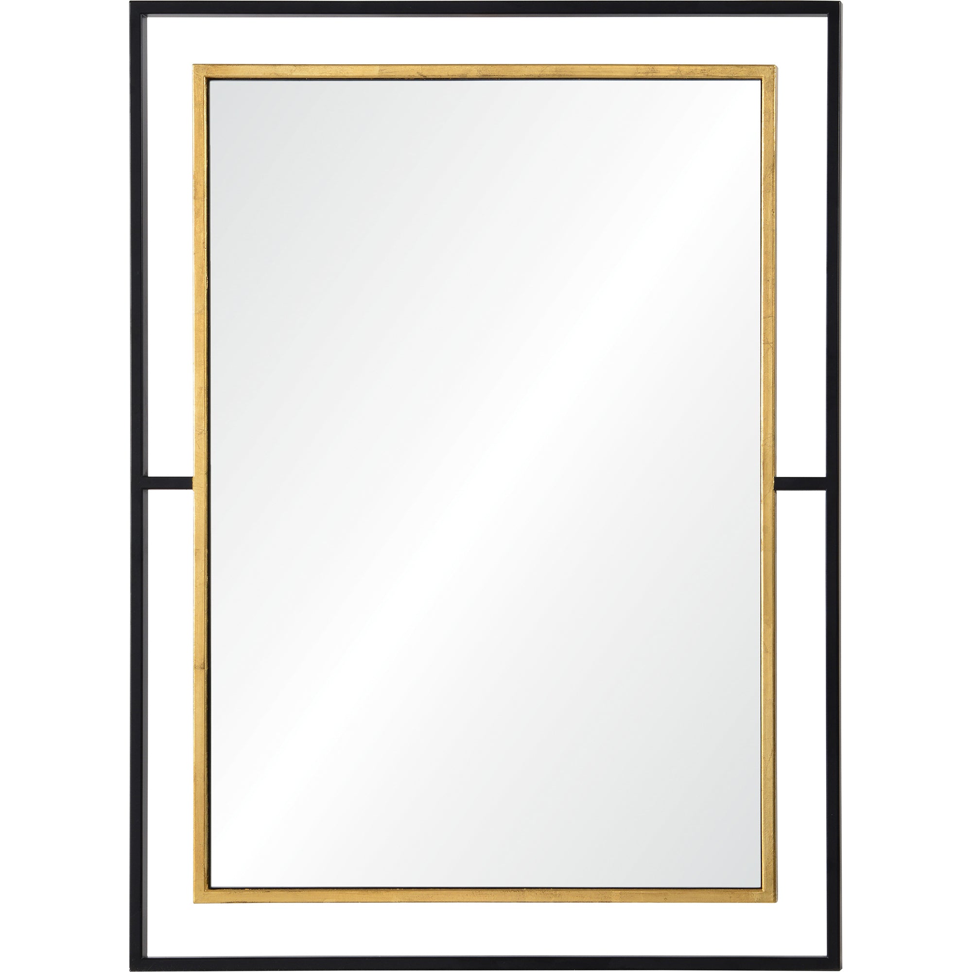 Gray wall mirror with a gold frame and black accents, showcasing a reflective surface.