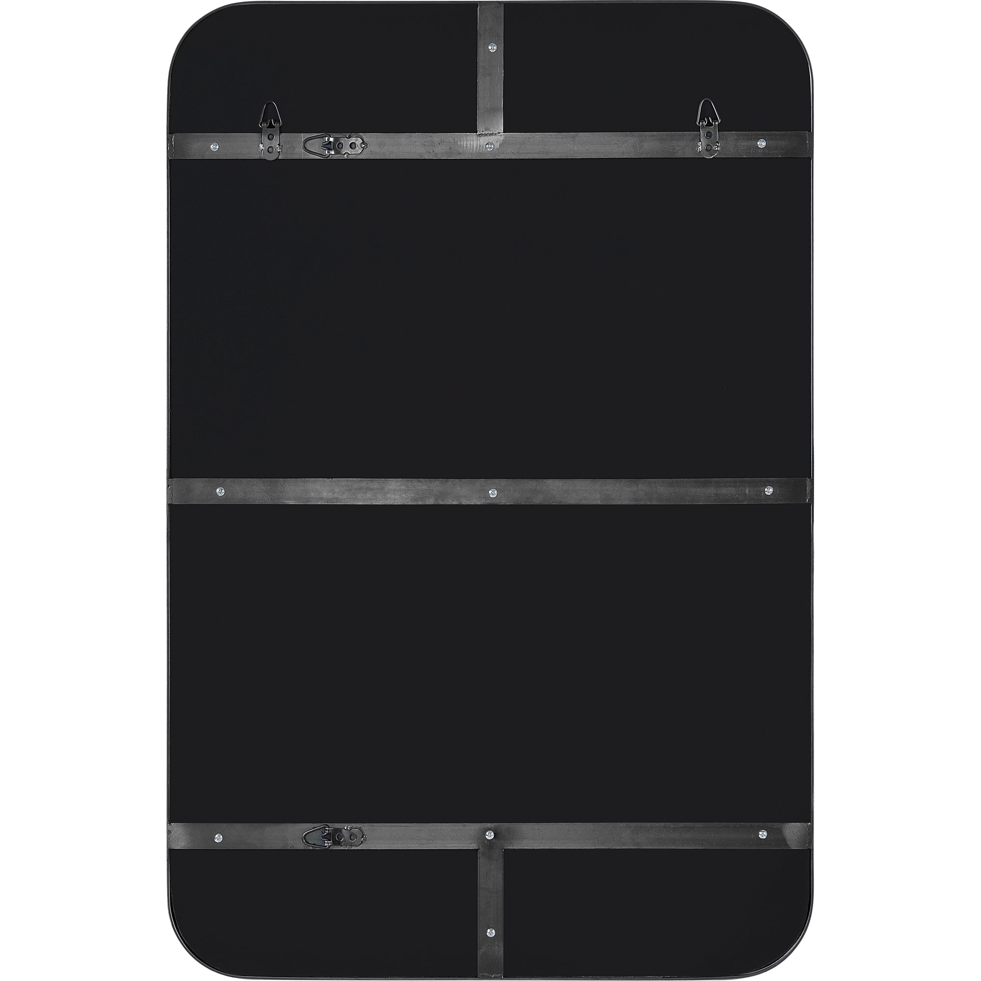 Back view of Edwin Wall Mirror showing black backing with metal supports for mounting.