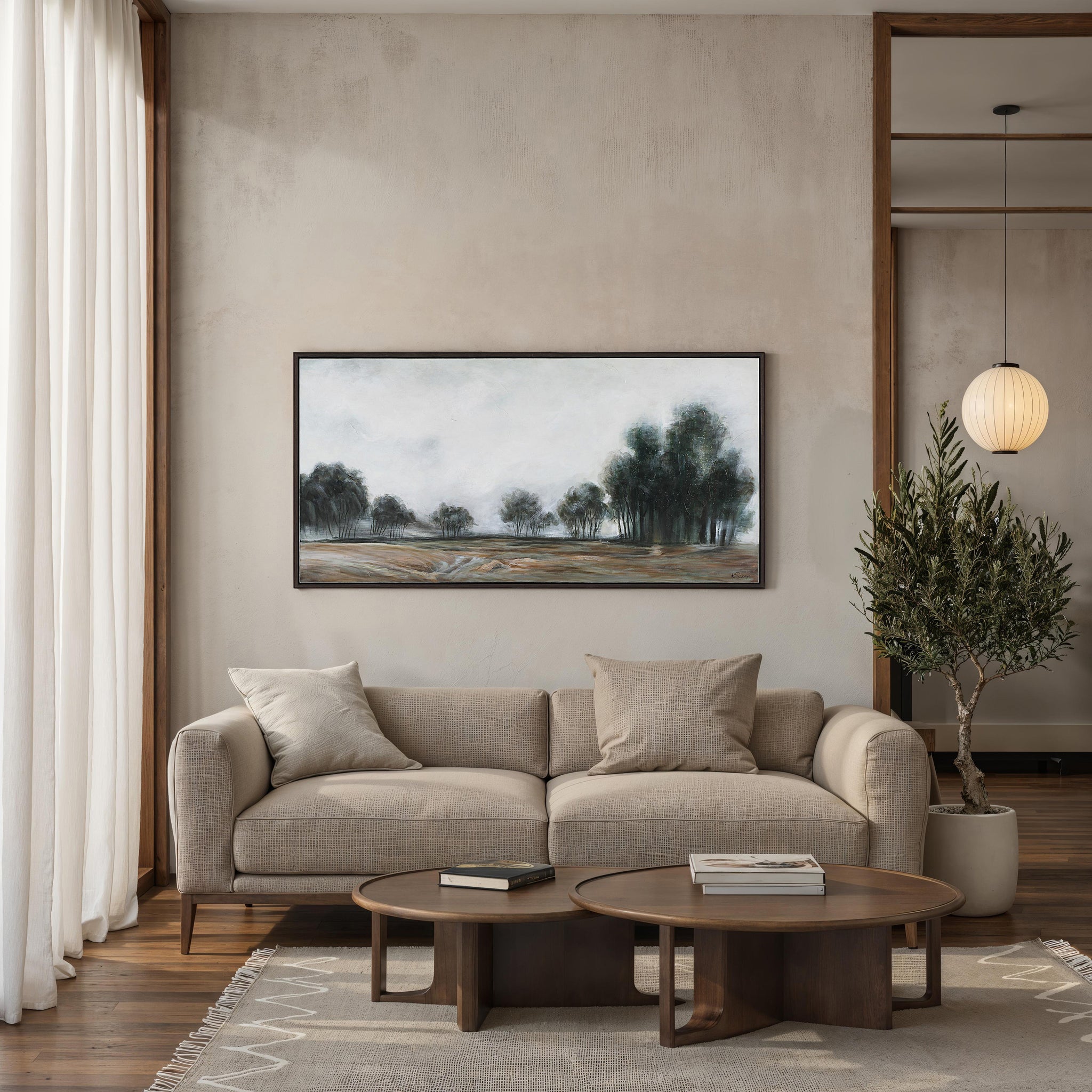 Westside canvas art featuring a serene landscape with trees, framed in dark wood.