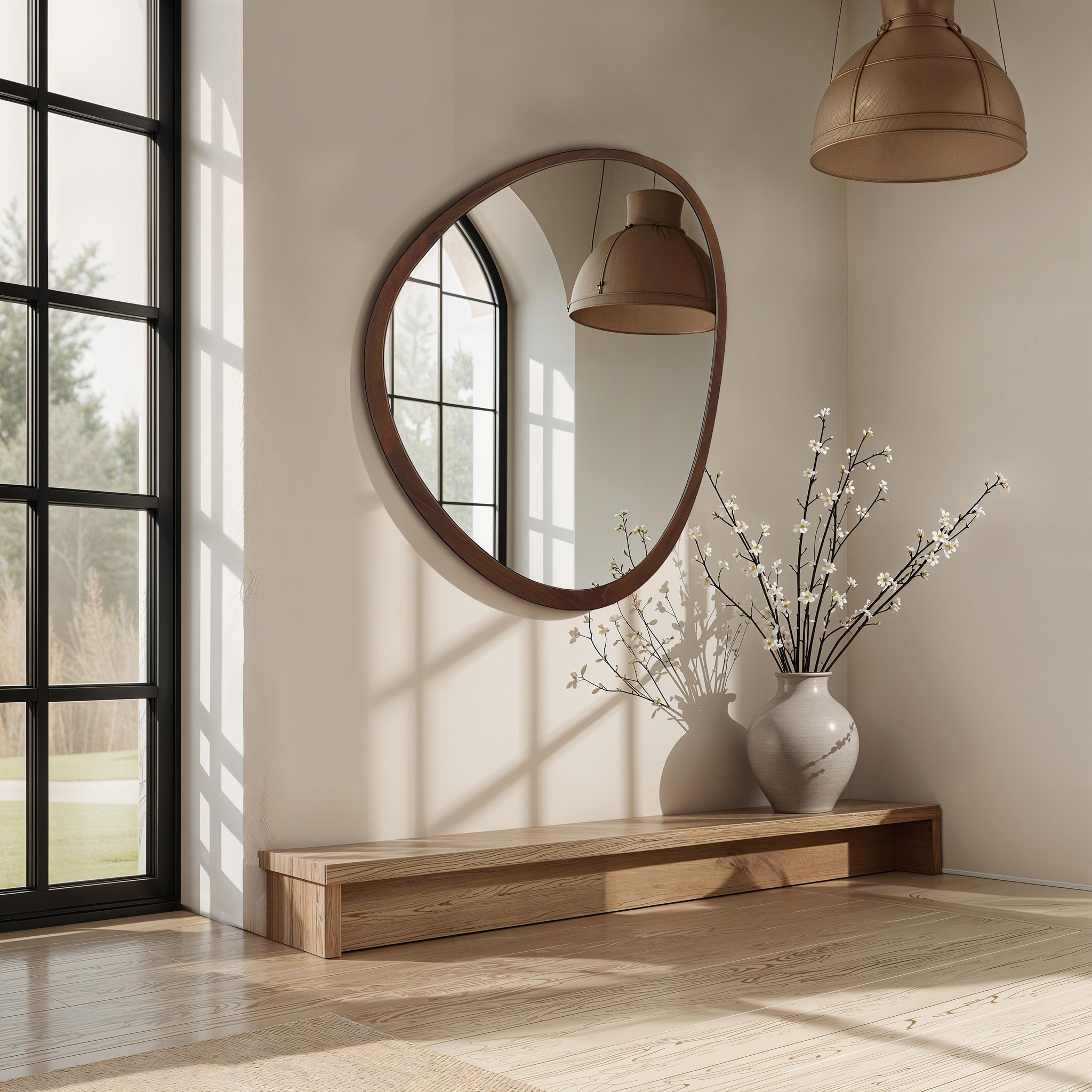 Borago mirror with a rounded wooden frame, reflecting a modern interior with a wooden bench and vase of branches.