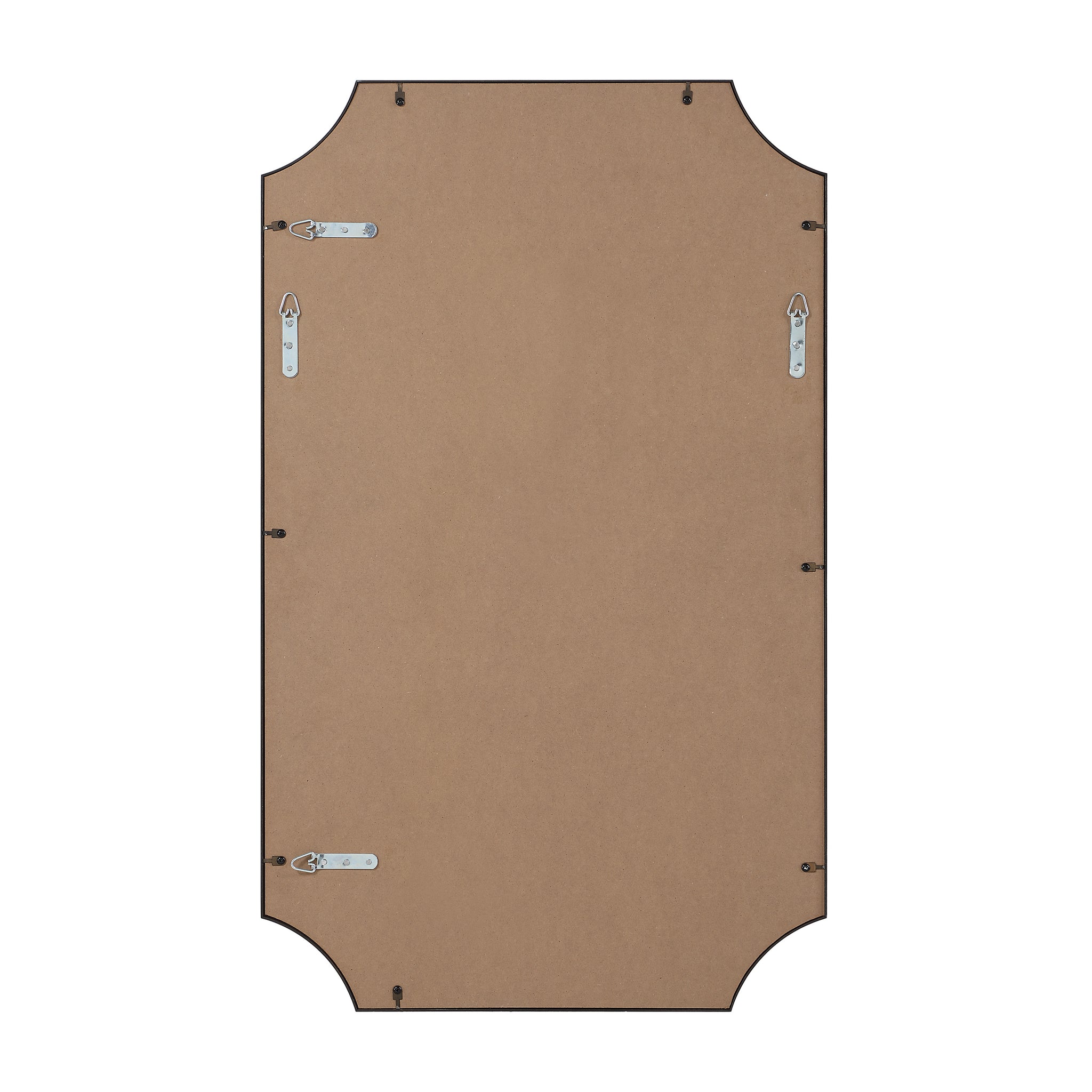 Back view of Torre mirror by Renwil, showing mounting hardware and brown backing.