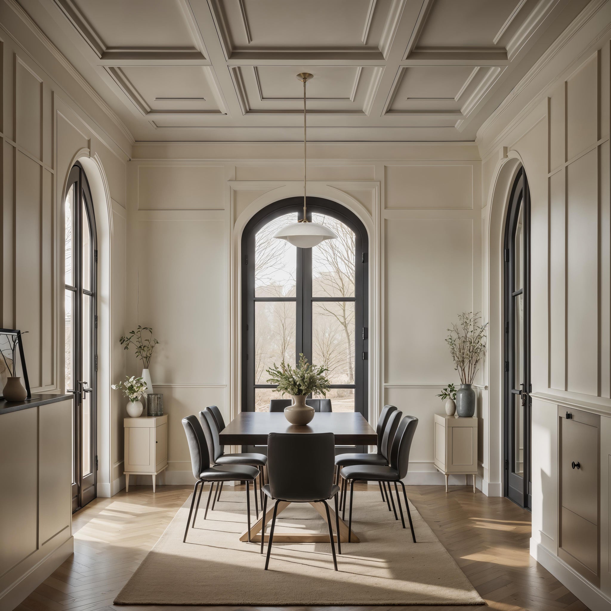 Abbie ceiling light fixture in a dining room setting with elegant decor and large windows