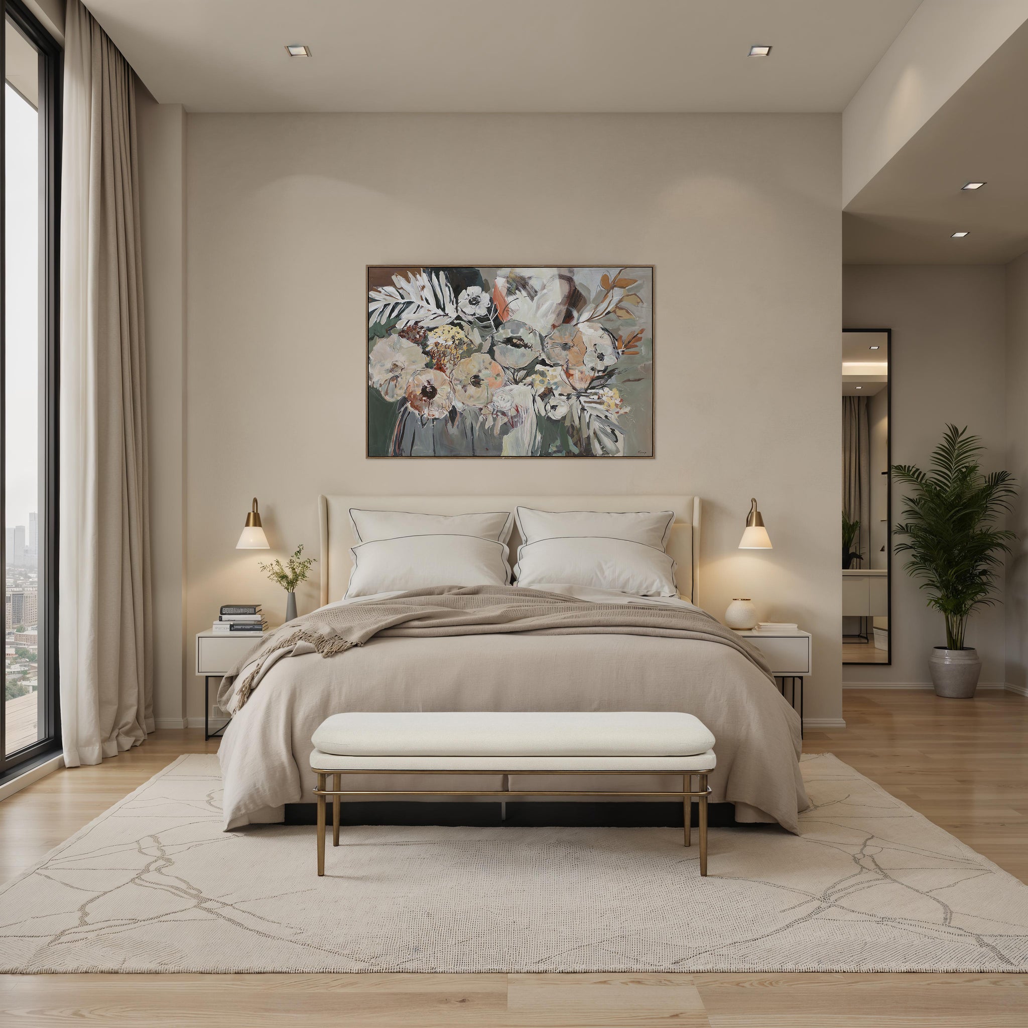 Paredes 18.0" Height Bench in a modern bedroom setting with floral artwork.