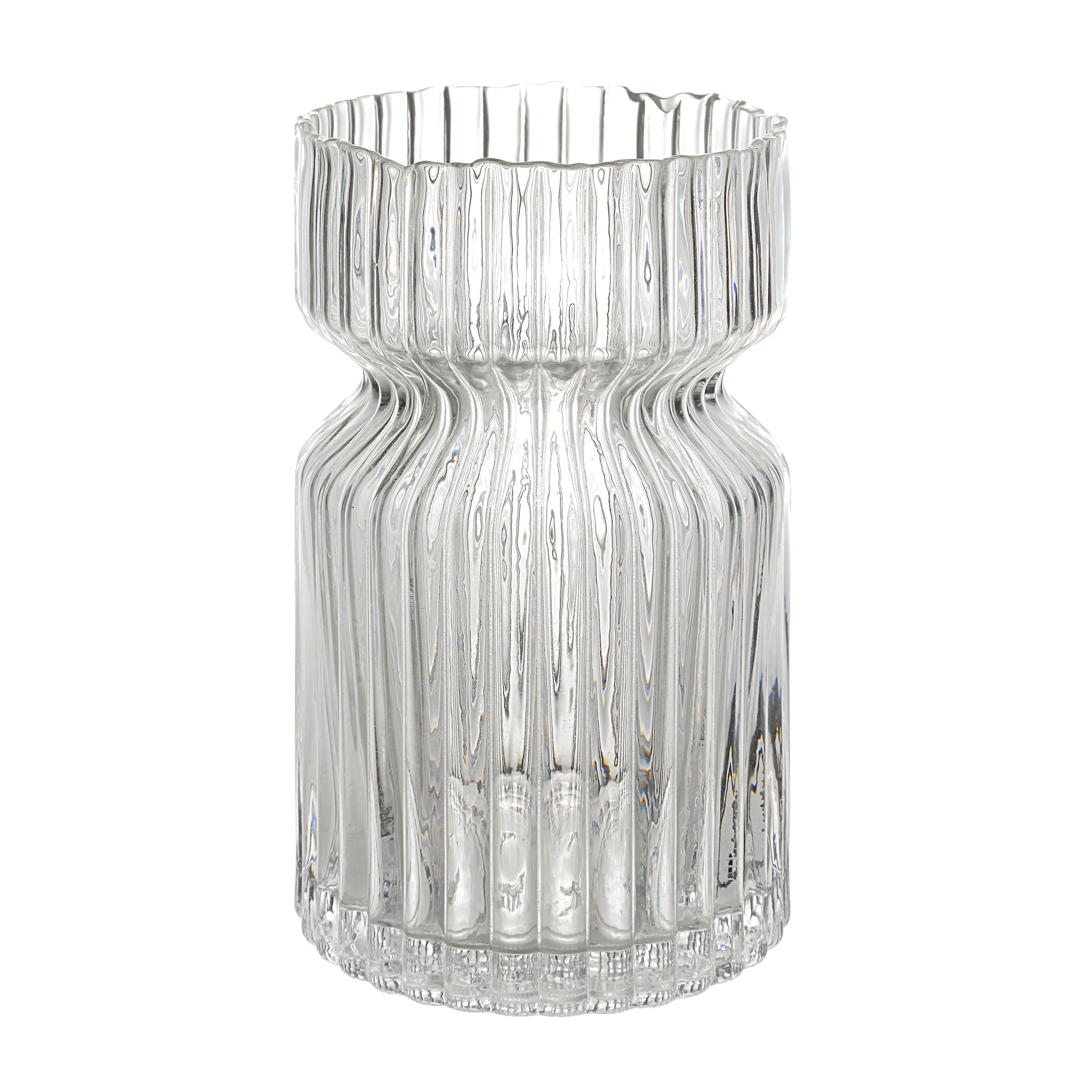 Gladys Glass Vase by Renwil, clear glass with ribbed texture, flared top, elegant design.