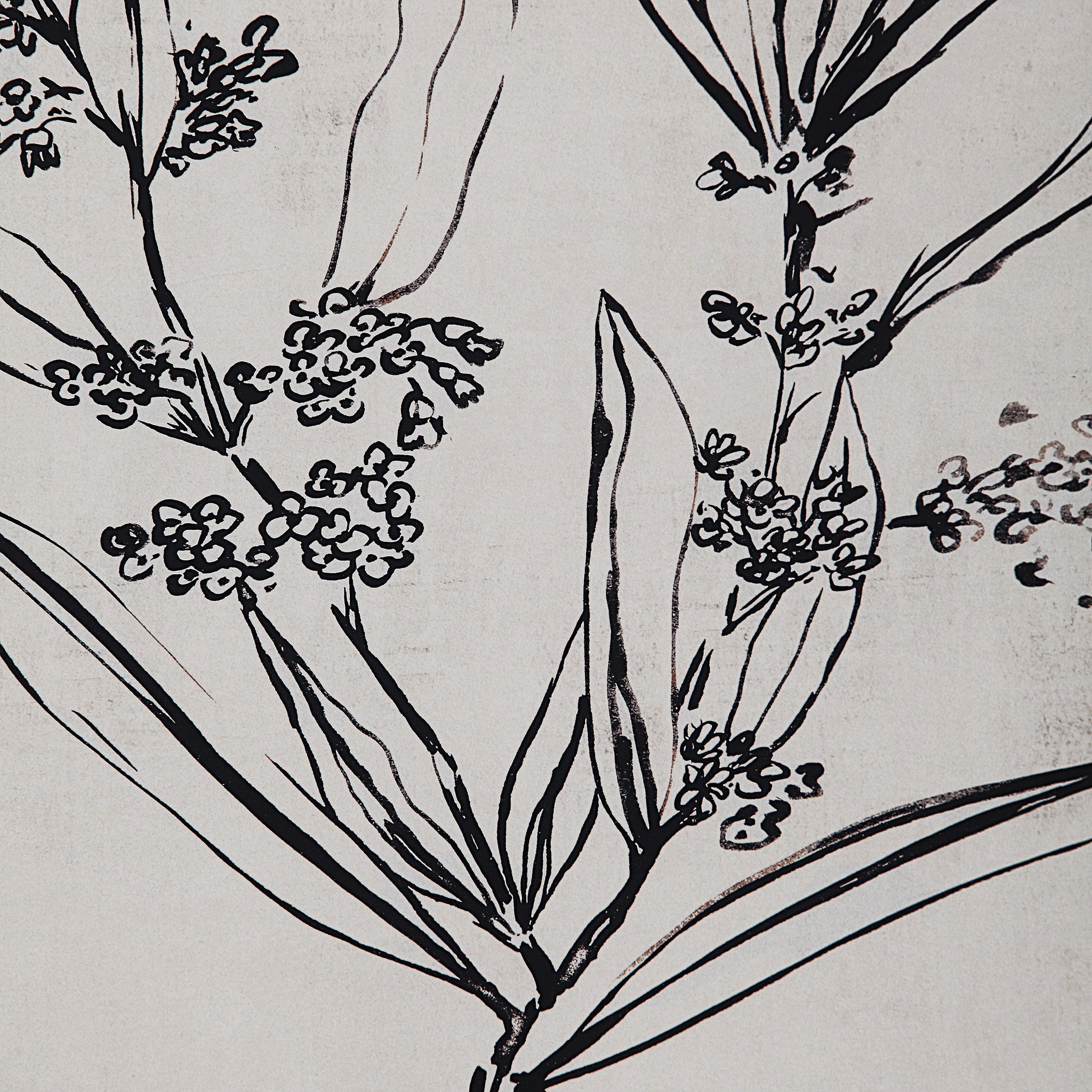Basset canvas art featuring black line drawings of floral elements on a light background.