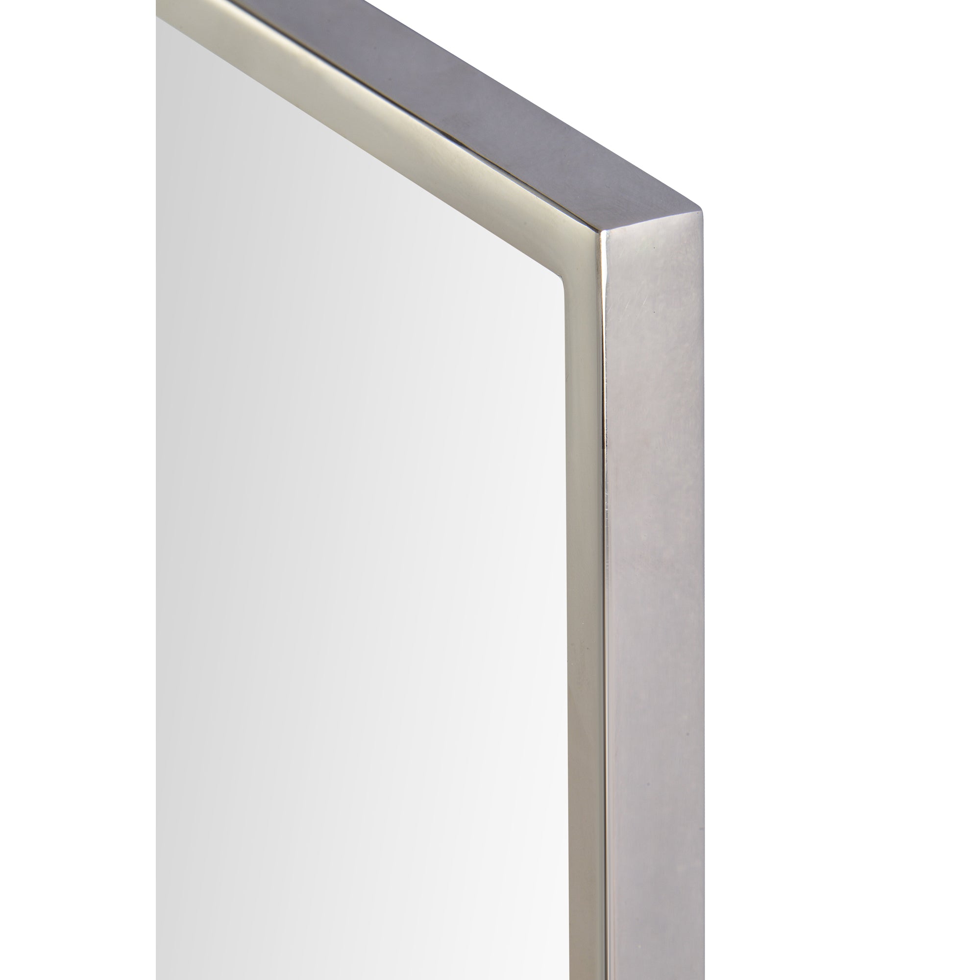 Carmelle Wall Mirror featuring a sleek silver frame with a polished finish, angled view showcasing the reflective surface.