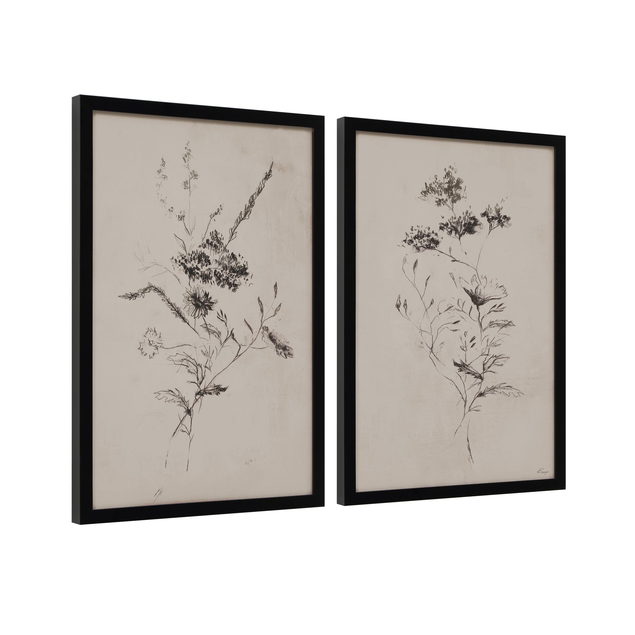 Adeline artwork displaying two floral illustrations in black ink on a light beige backdrop, in black frames.
