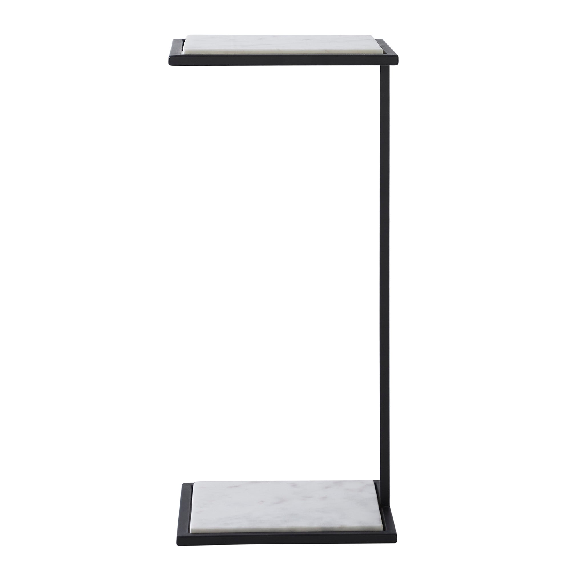 Danica Table by Renwil featuring a white marble top and black metal frame, angled view.