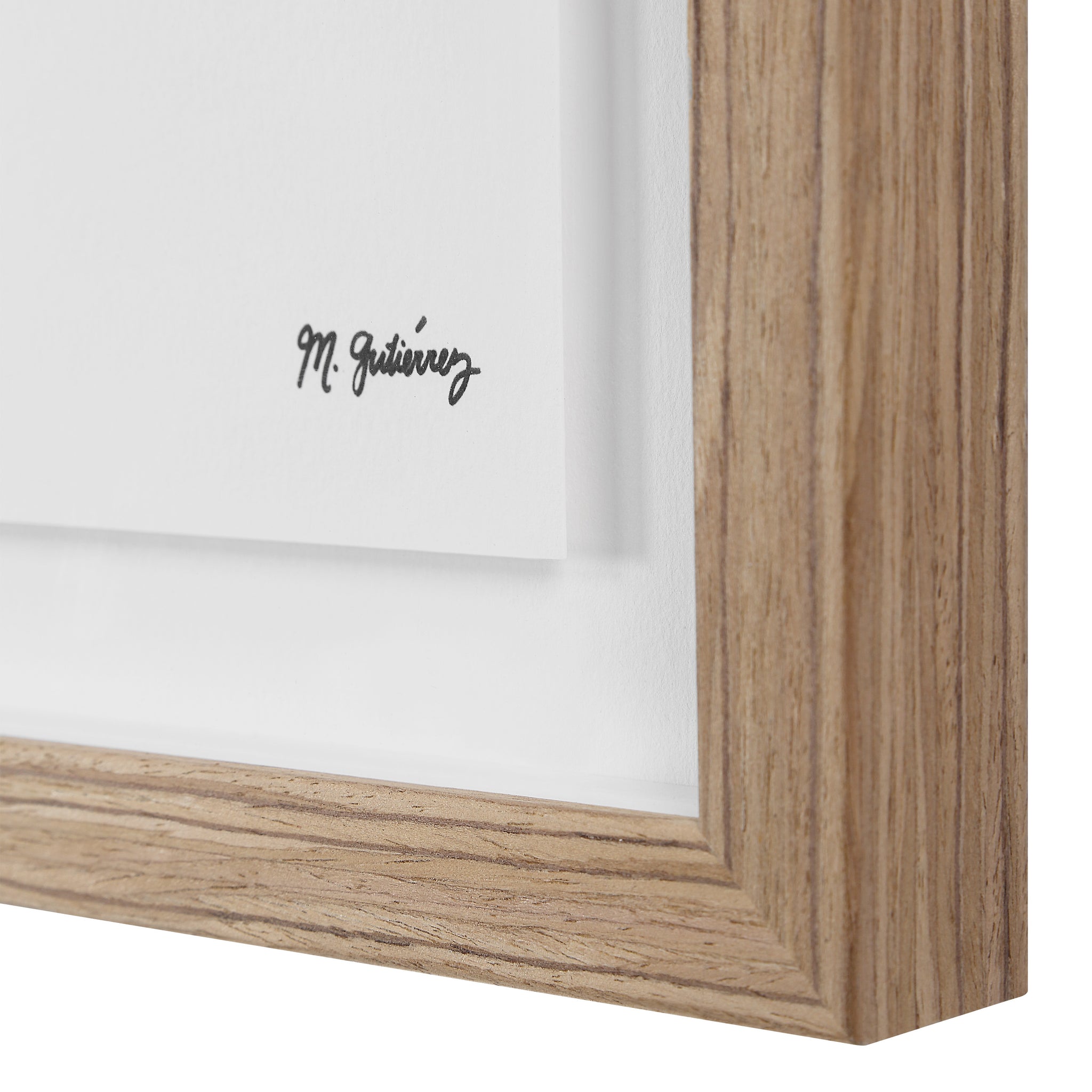 Close-up of Madalena wall art frame showing signature and natural wood texture
