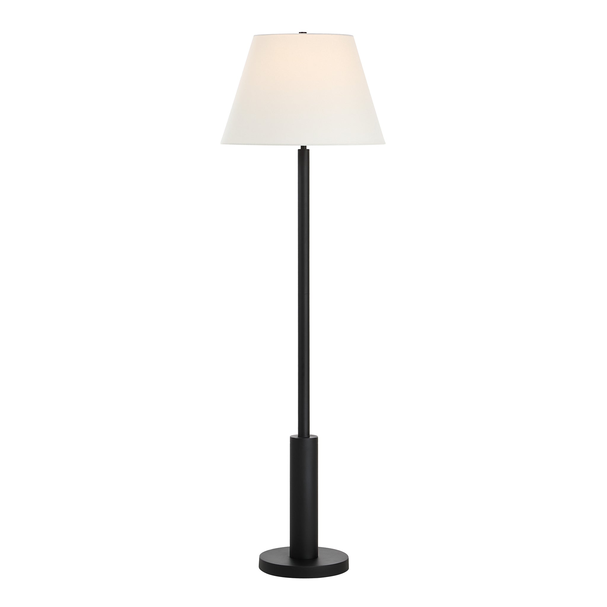 Pantera Floor Lamp by Renwil featuring a white shade and black pole, illuminated.