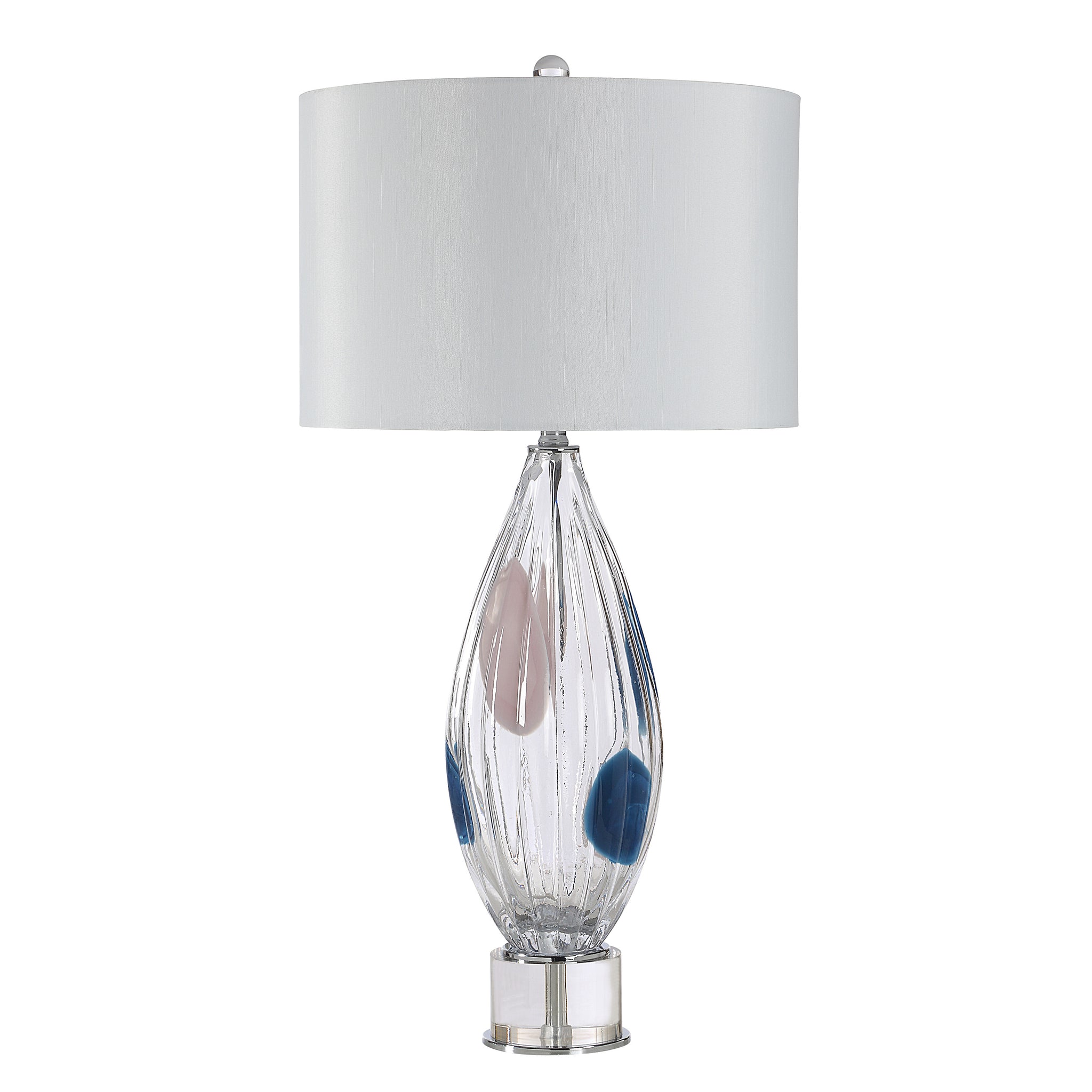 Luxor Table Lamp showcasing a clear glass body with blue and pink spots and a white fabric shade