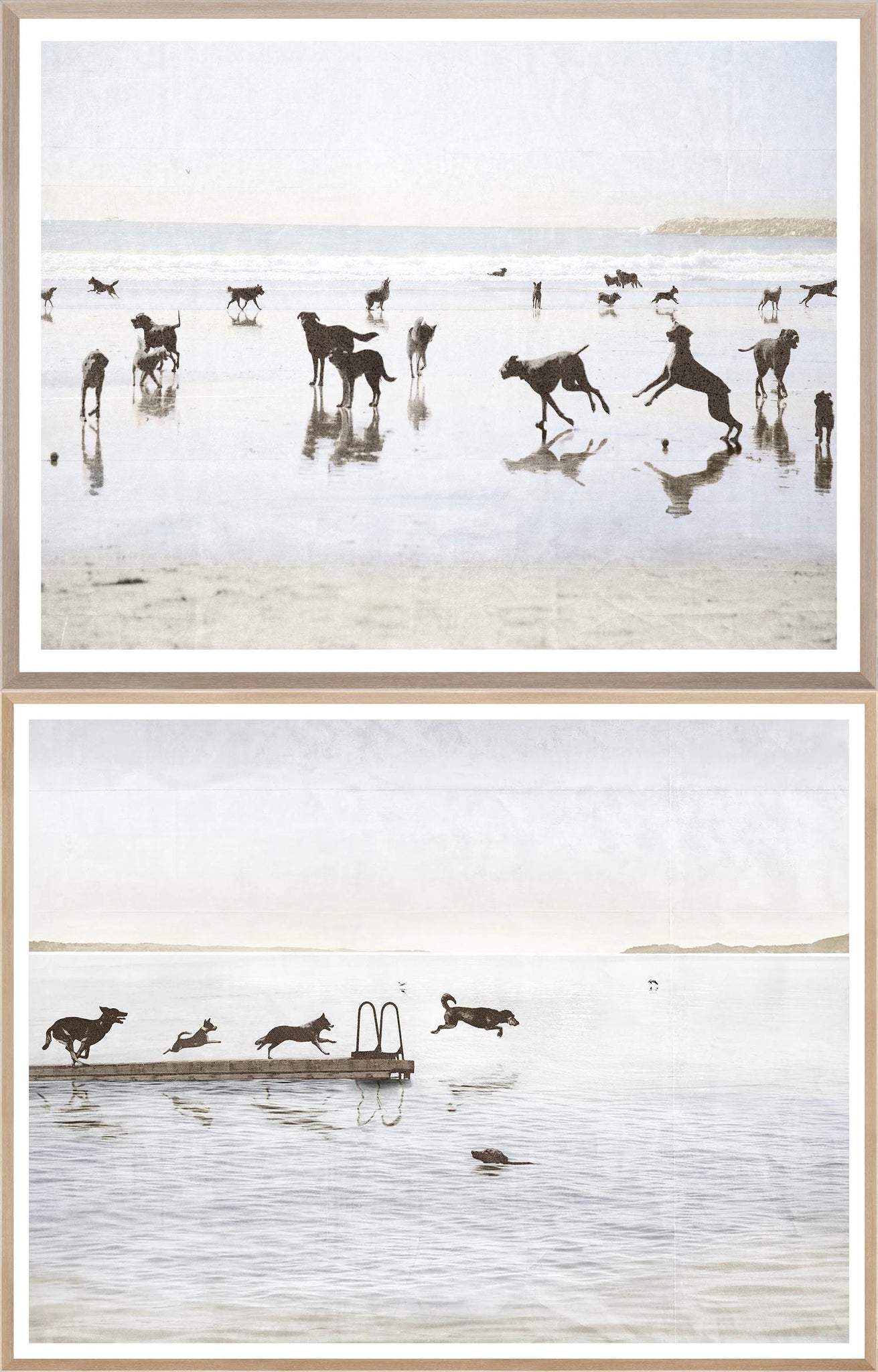 Dogs Day Beach & Cottage Art Bundle featuring dogs playing on the beach, soft colors and serene atmosphere.