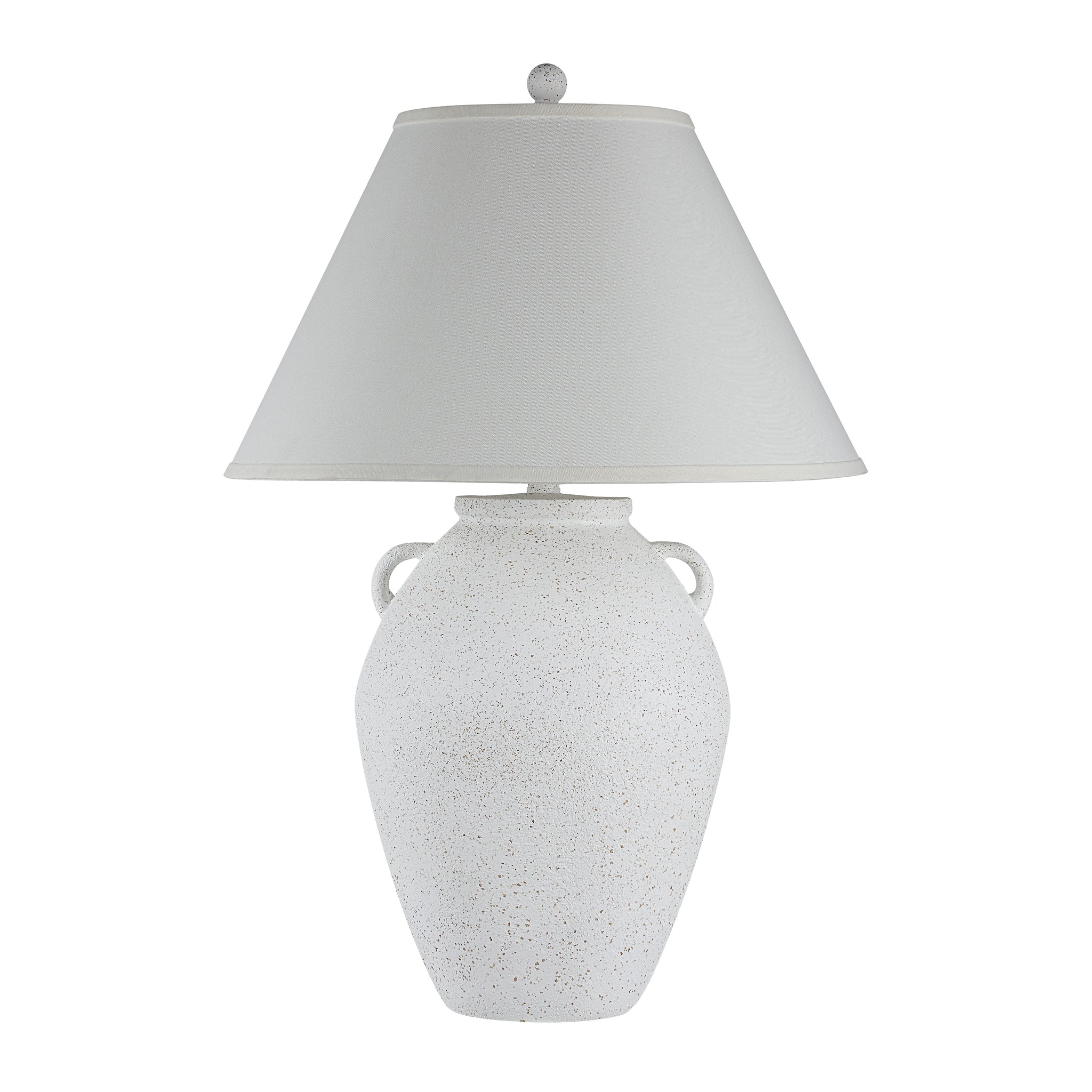 Aloria table lamp with a speckled white ceramic base and a gray fabric shade