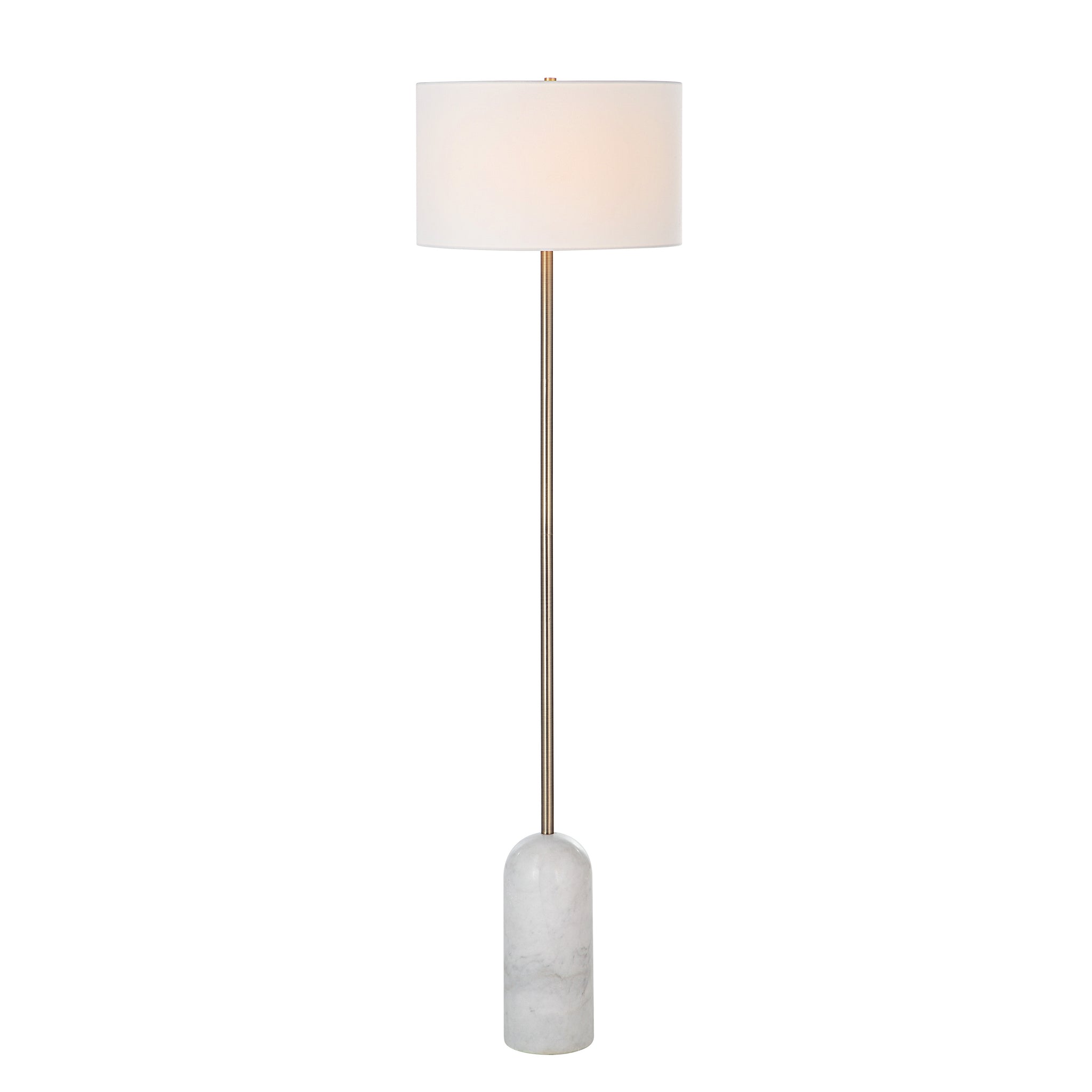 Lozica Floor Lamp with illuminated white shade, marble base, and gold metal stem.
