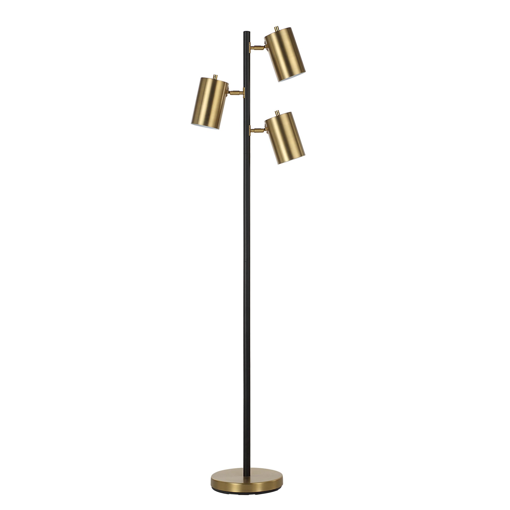 Mosaic floor lamp with three gold metal shades on a black pole and round base.