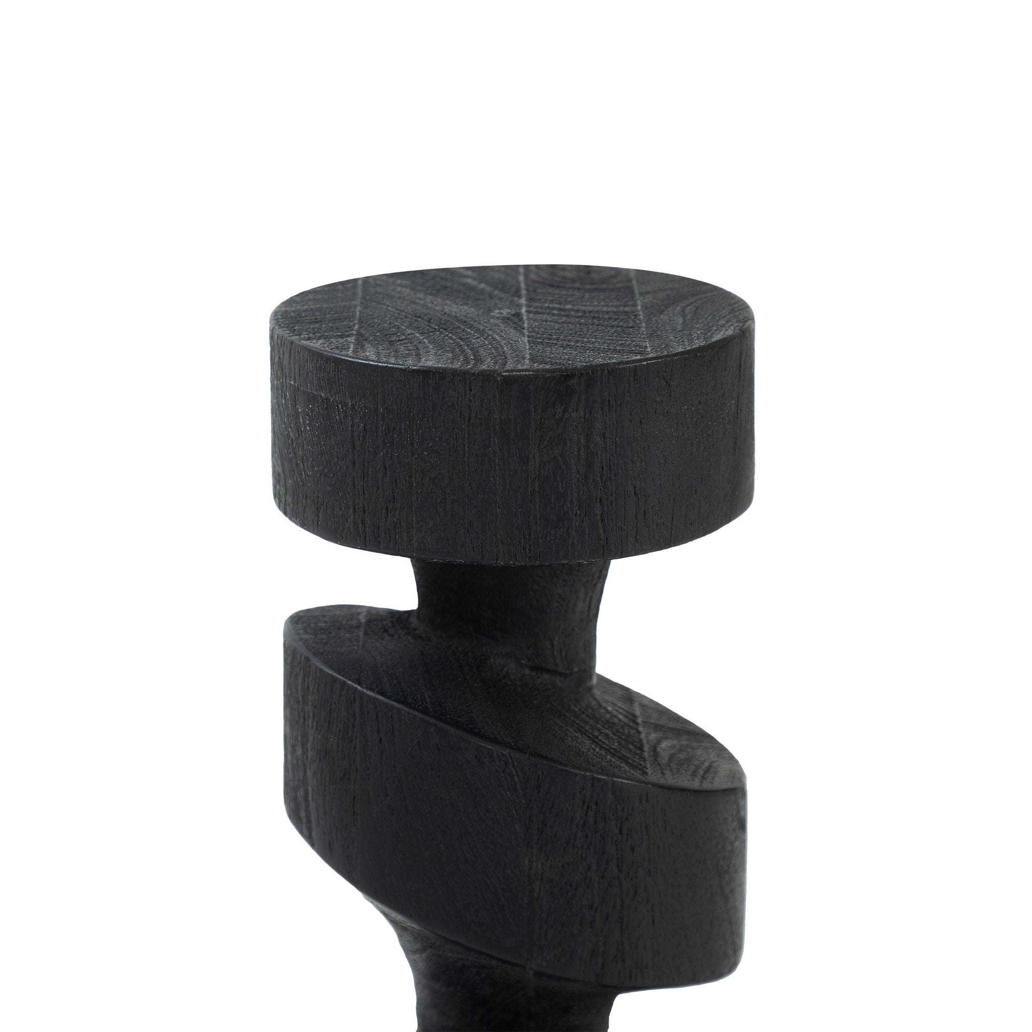 Beckton statue by Renwil, close-up of black wood spiral design, smooth texture.