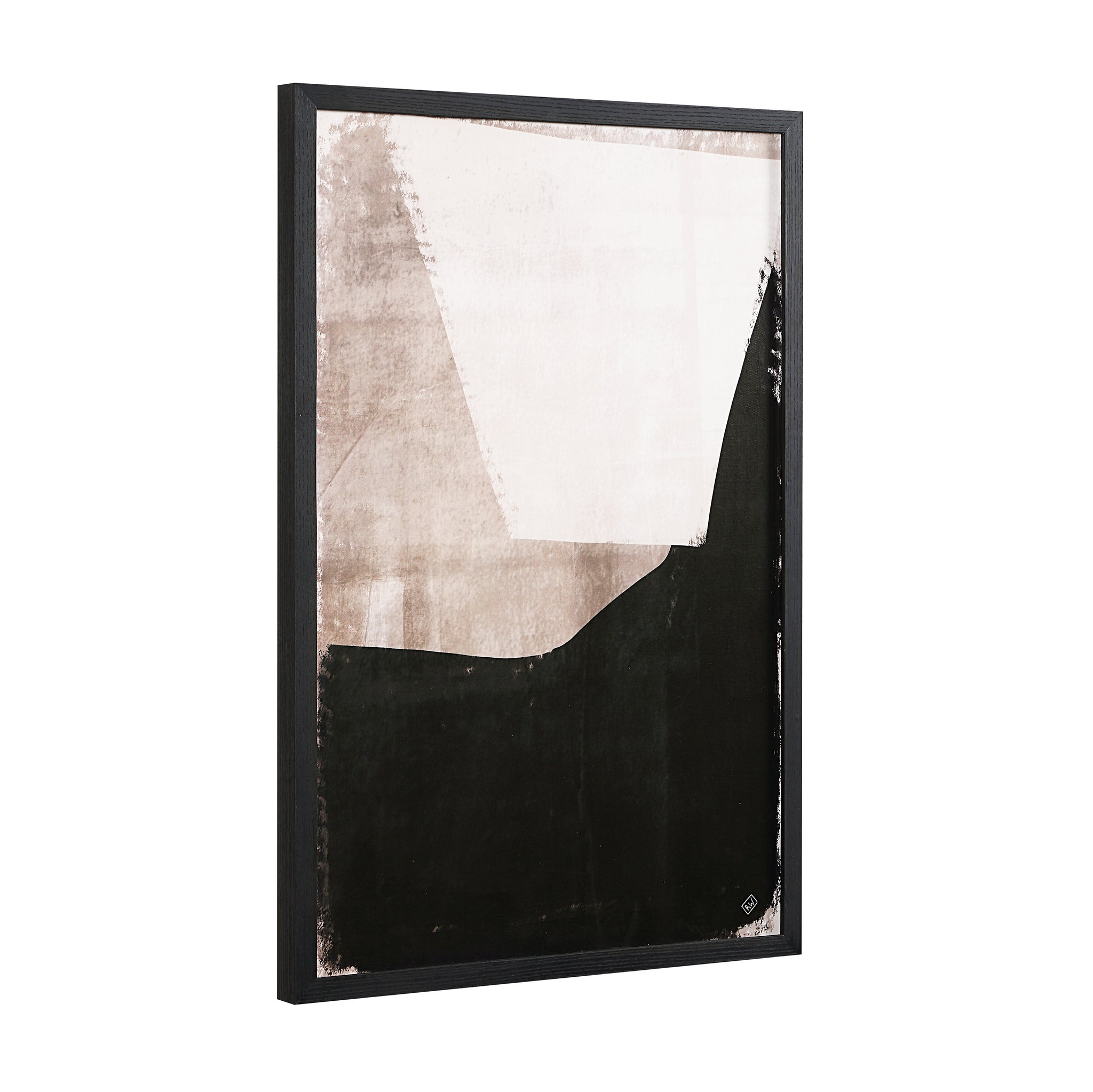 Caramelo wall art with abstract design in black, white, and taupe colors, framed in black.
