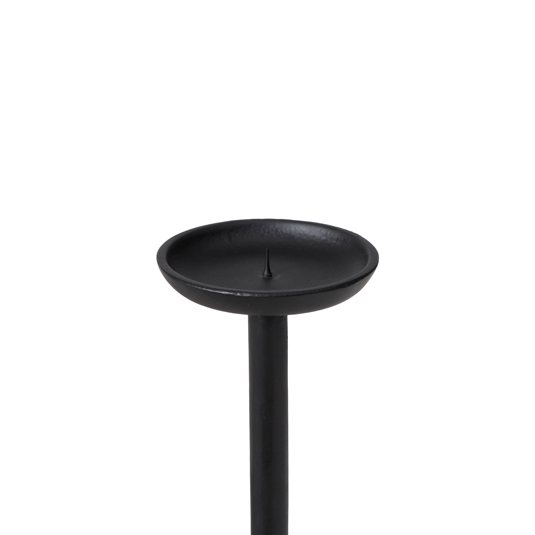 Top view of Agra candle holder showing a round dish with a central spike, crafted from black metal.