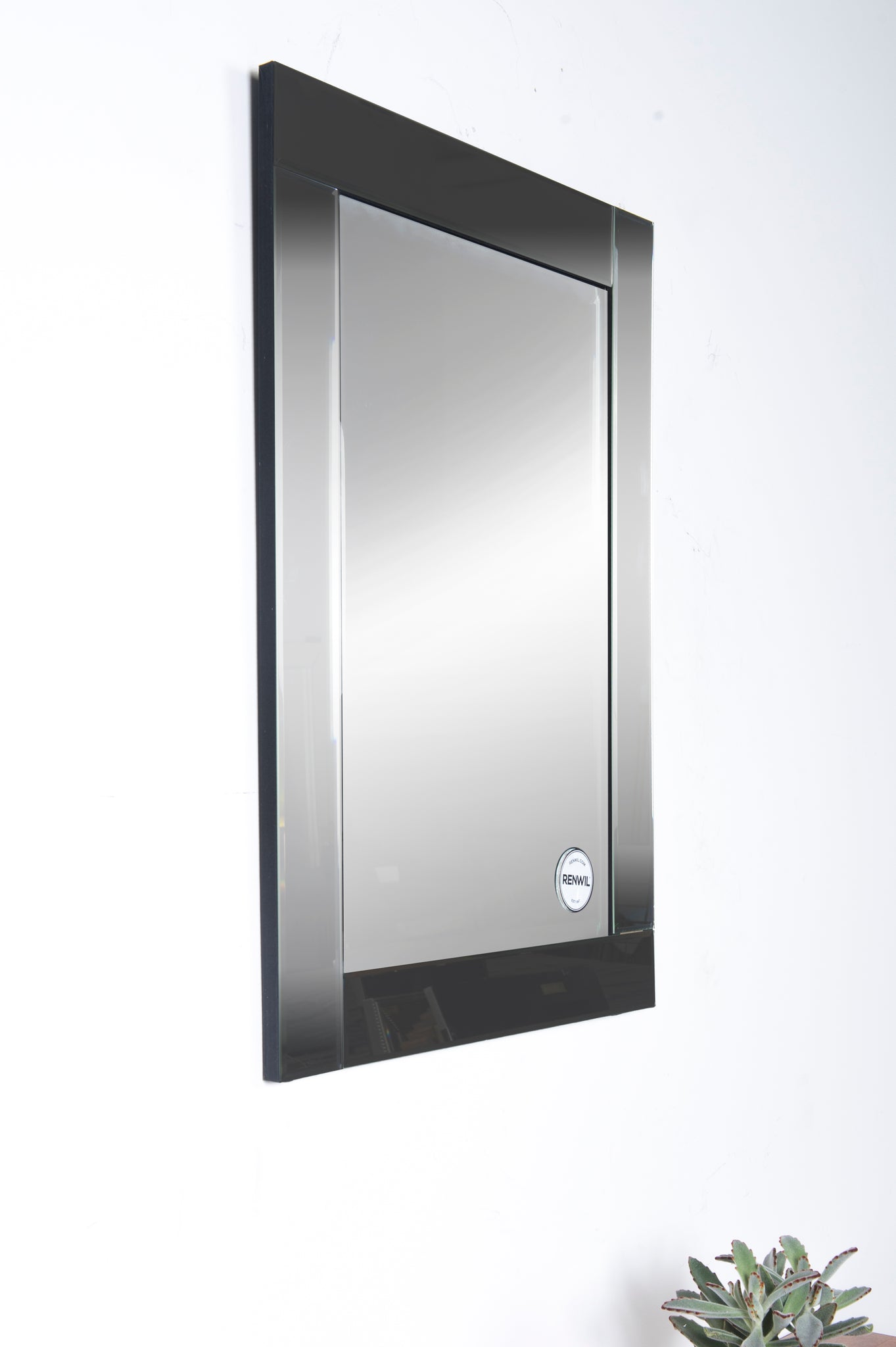Adan Wall Mirror featuring a modern black frame, mounted on a wall with a plant nearby.