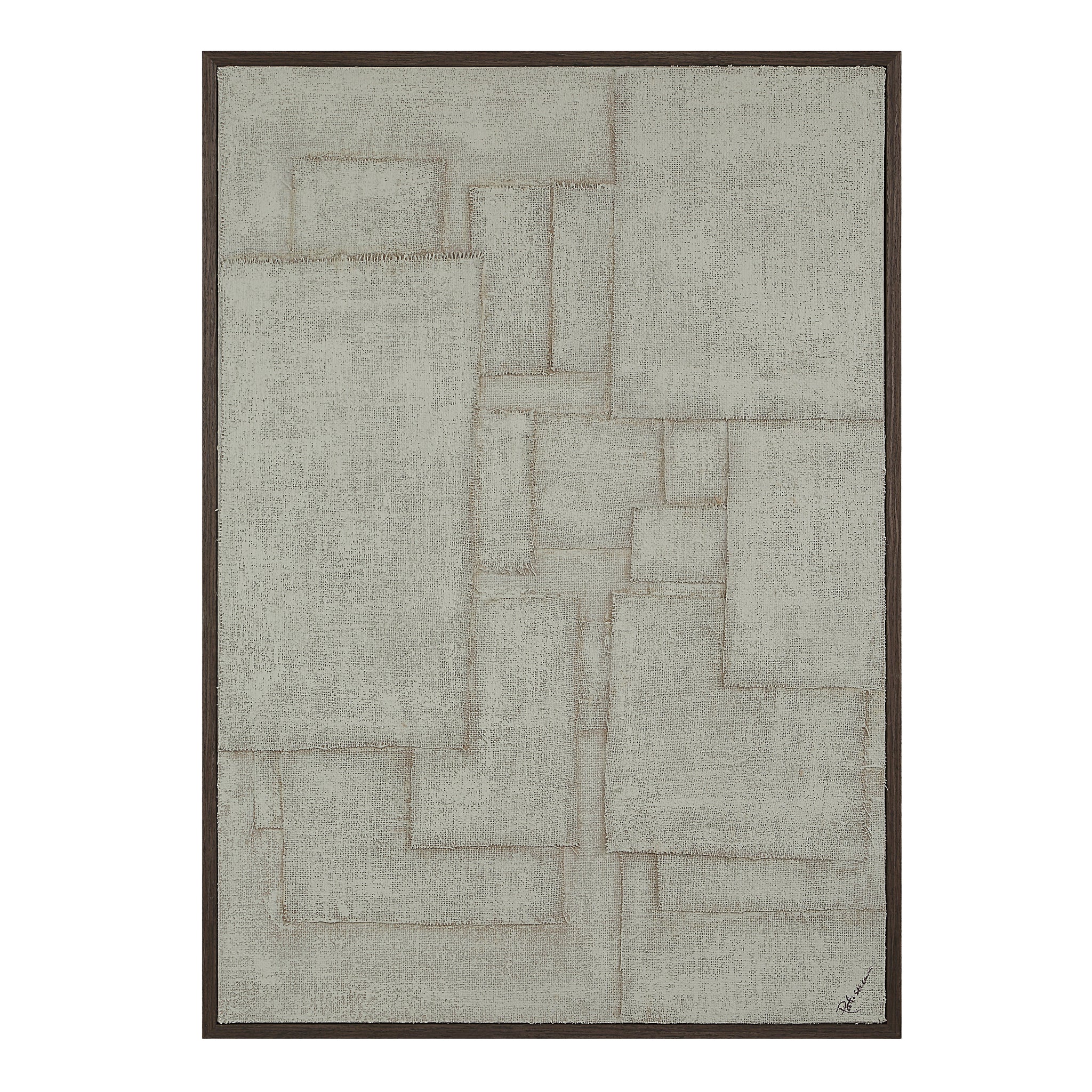 Caramelo wall art featuring a light gray canvas with abstract shapes, framed in dark wood.