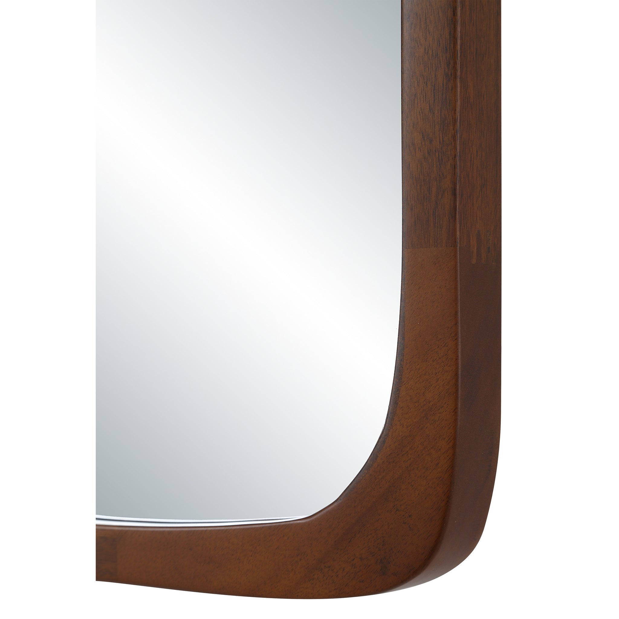 Close-up of Sisley mirror's rounded edge, highlighting the dark wood frame and clear reflection.