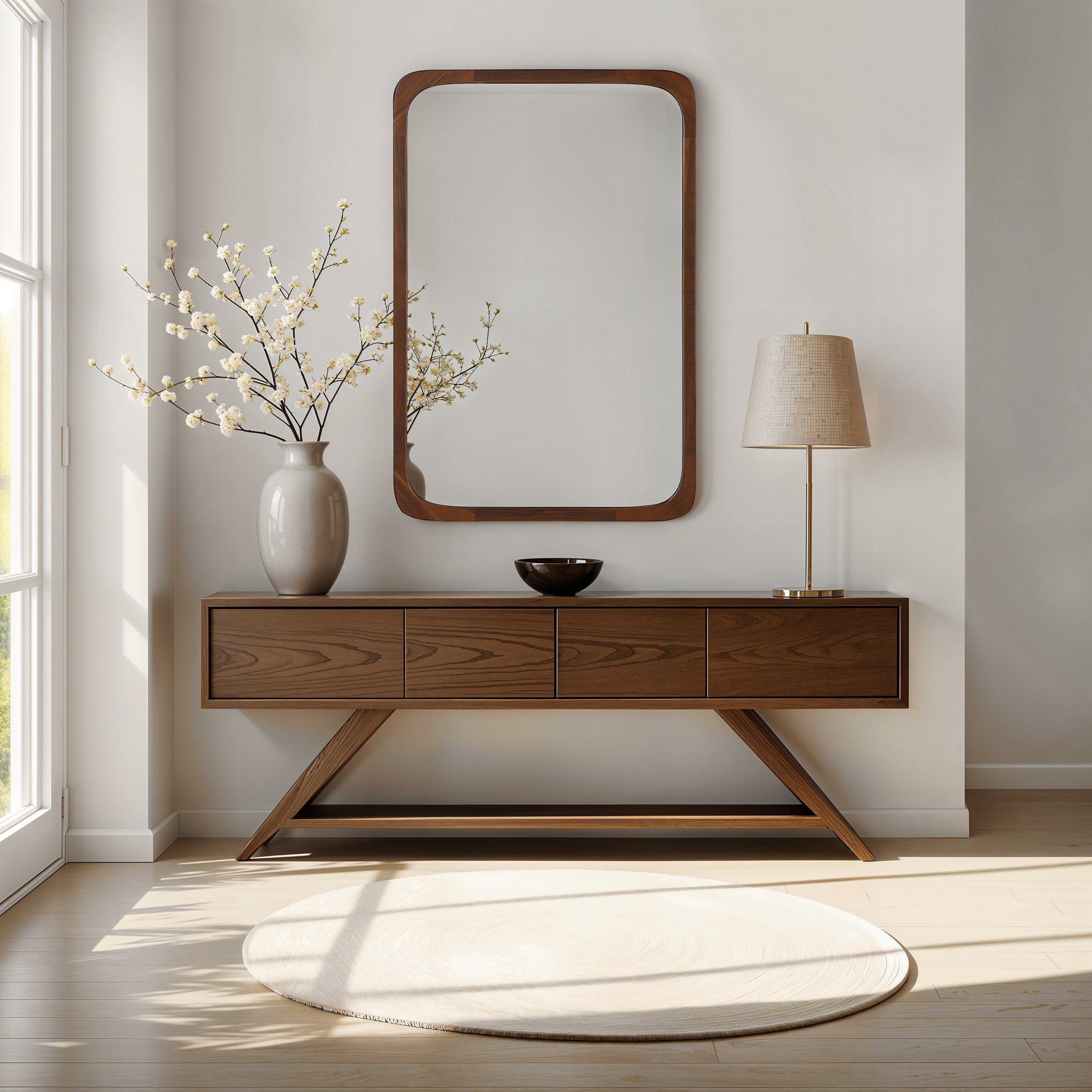 Sisley mirror displayed above a wooden console table with decorative vase and lamp in a bright room.