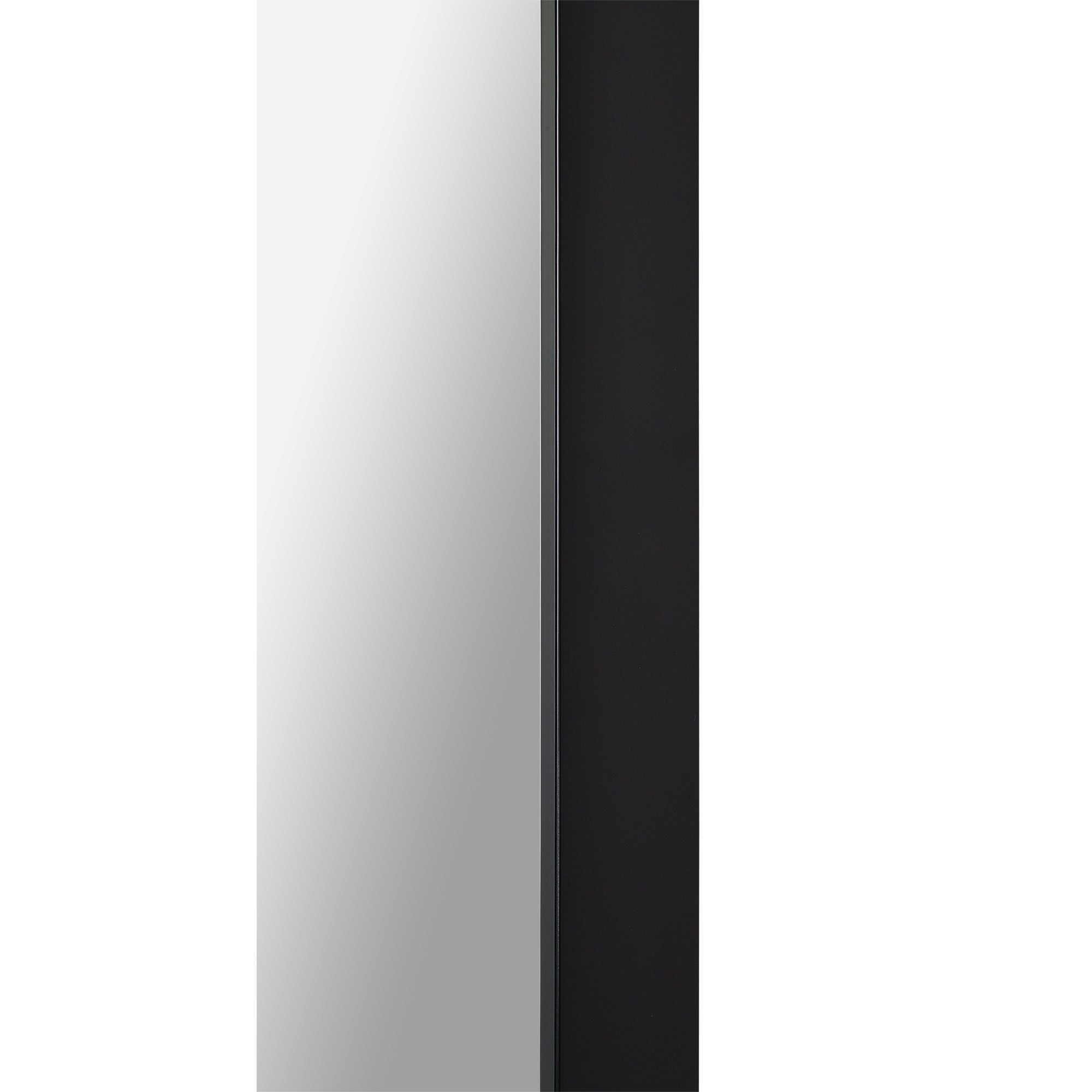 Delacorte Wall Mirror featuring a sleek black frame and a reflective surface, showcasing a modern design.
