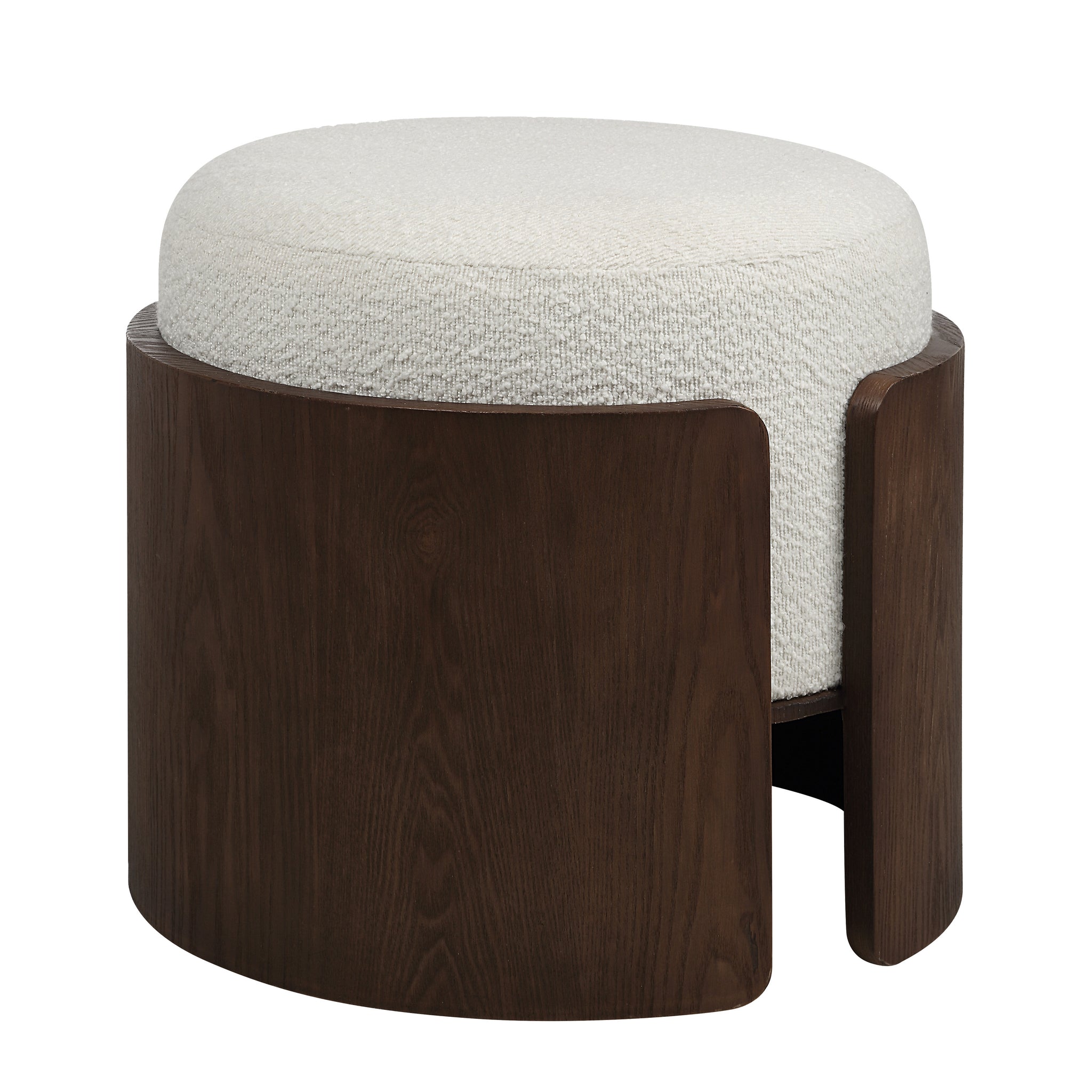 Capsula Ottoman featuring a cream textured top and dark wood sides