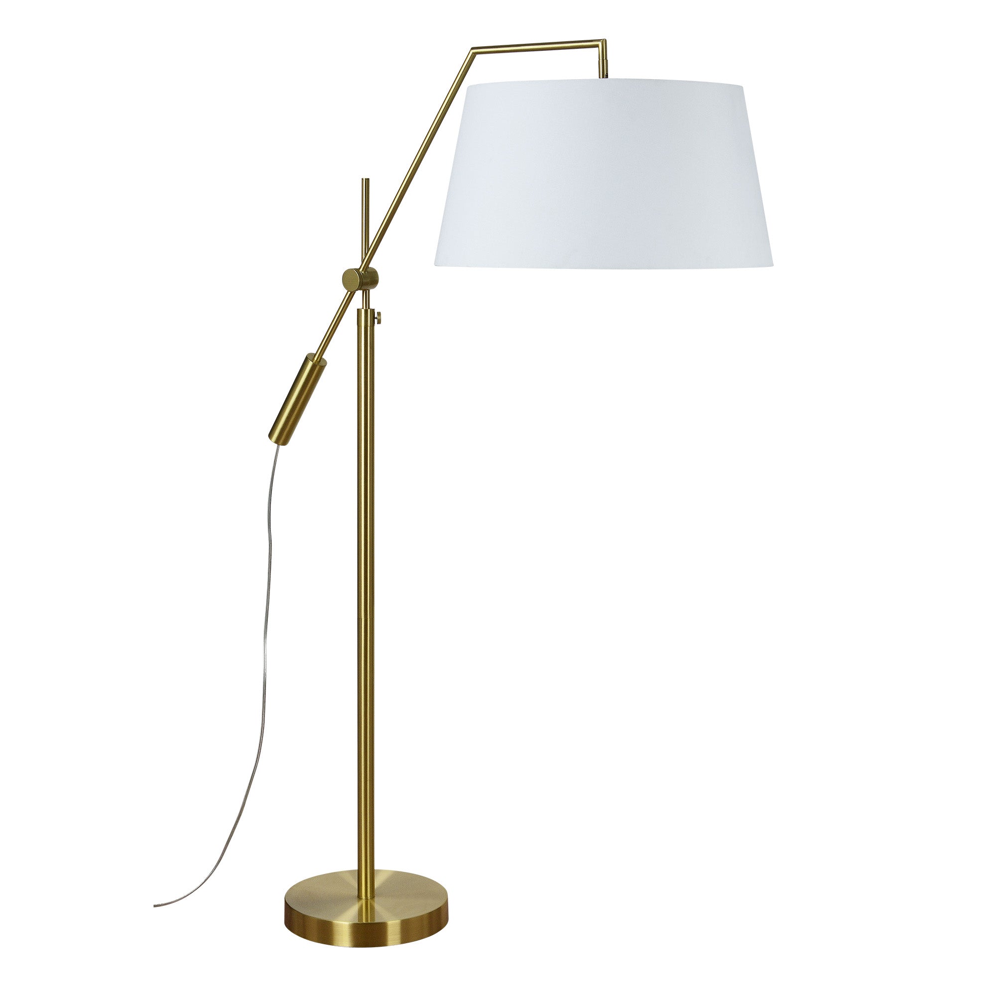 Claire Floor Lamp in brass with a white shade, showcasing its adjustable arm design.