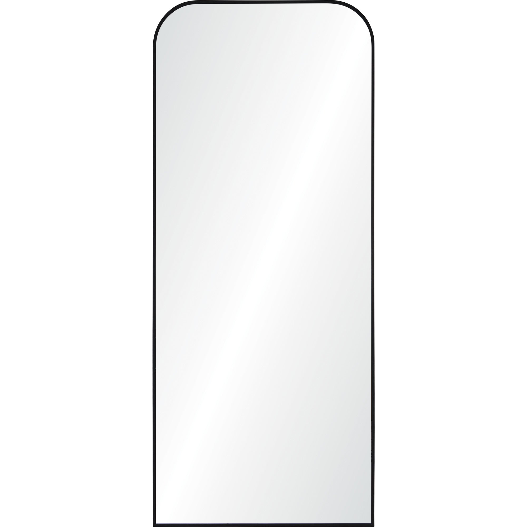 Mandret mirror by Renwil, vertical design with rounded top, black frame, reflective surface.