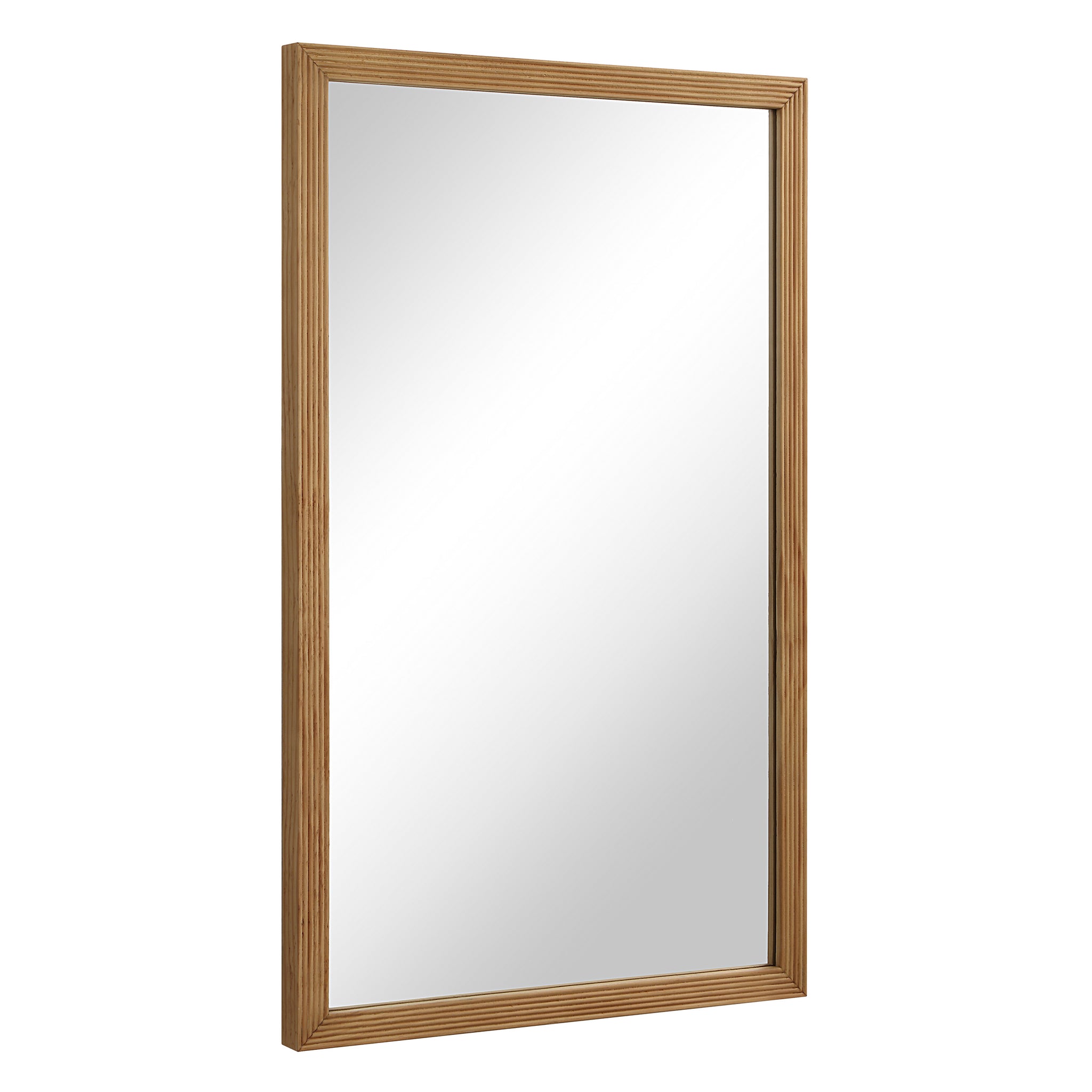 Salia mirror by Renwil angled view, featuring a natural wood frame and a bright reflective surface.