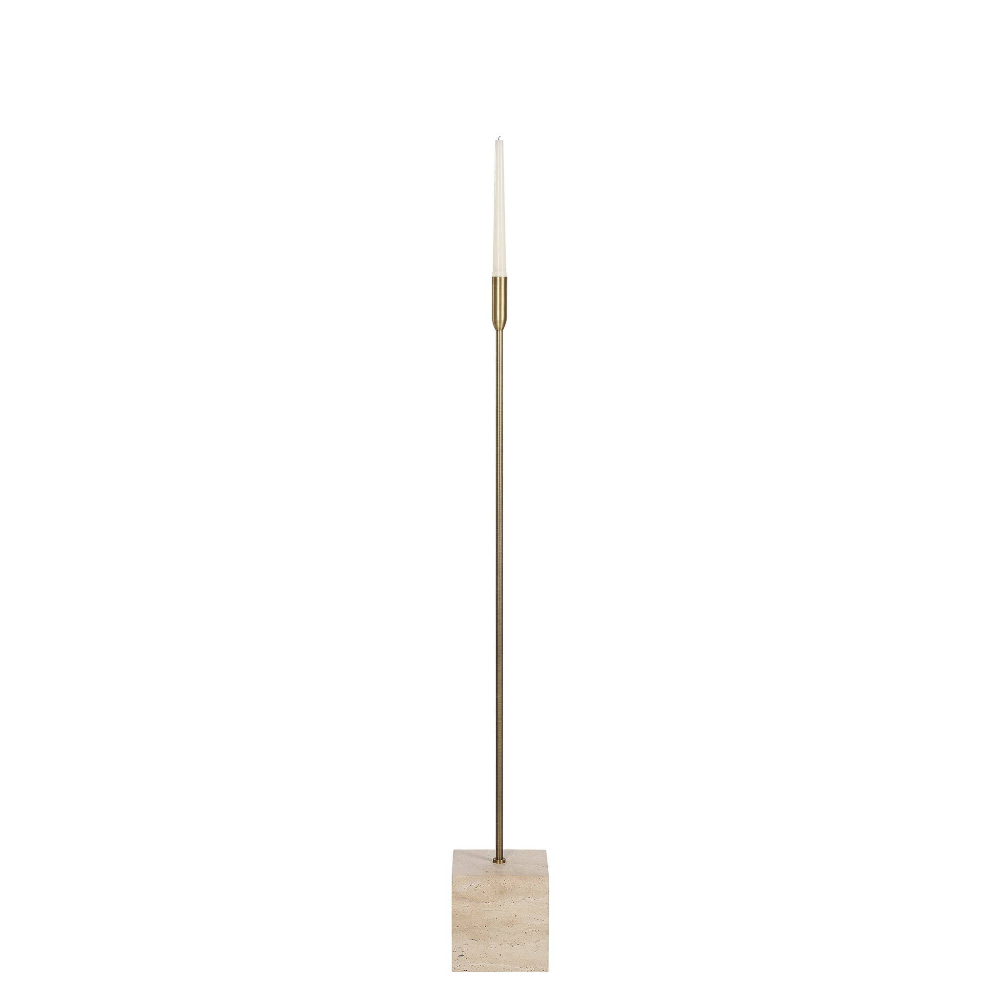 Chambers candle holder by Renwil, showcasing a sleek brass design with a square stone base.