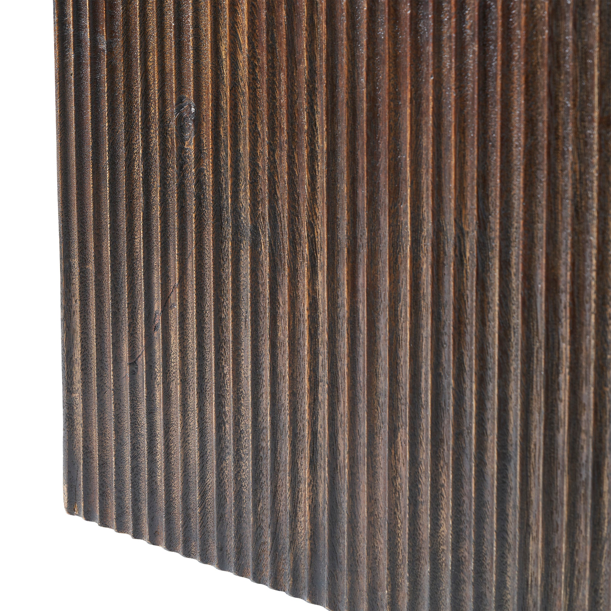 Tristan stool with a dark wood finish featuring vertical grooves.