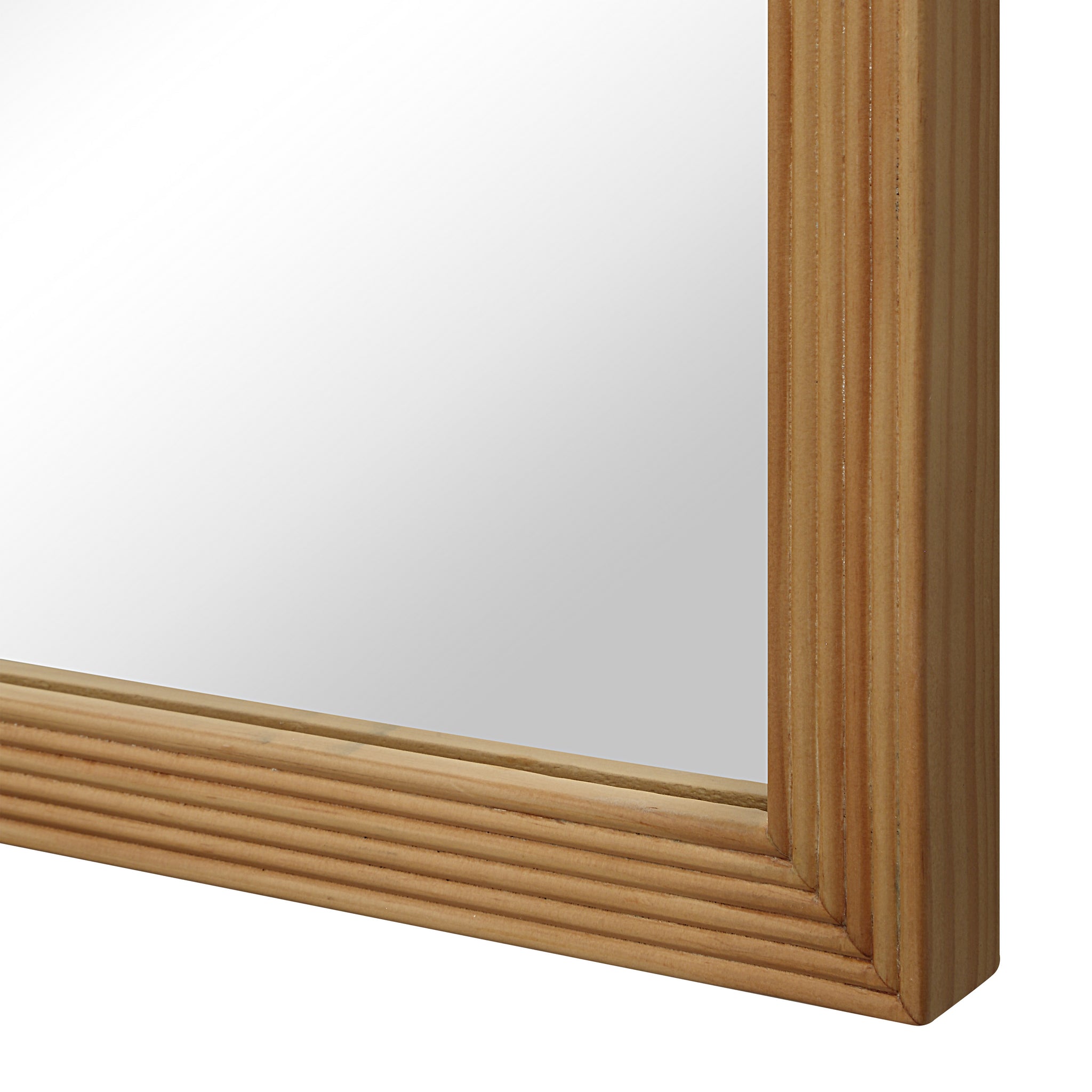 Close-up of Salia mirror by Renwil, highlighting the textured natural wood frame and clear reflection.