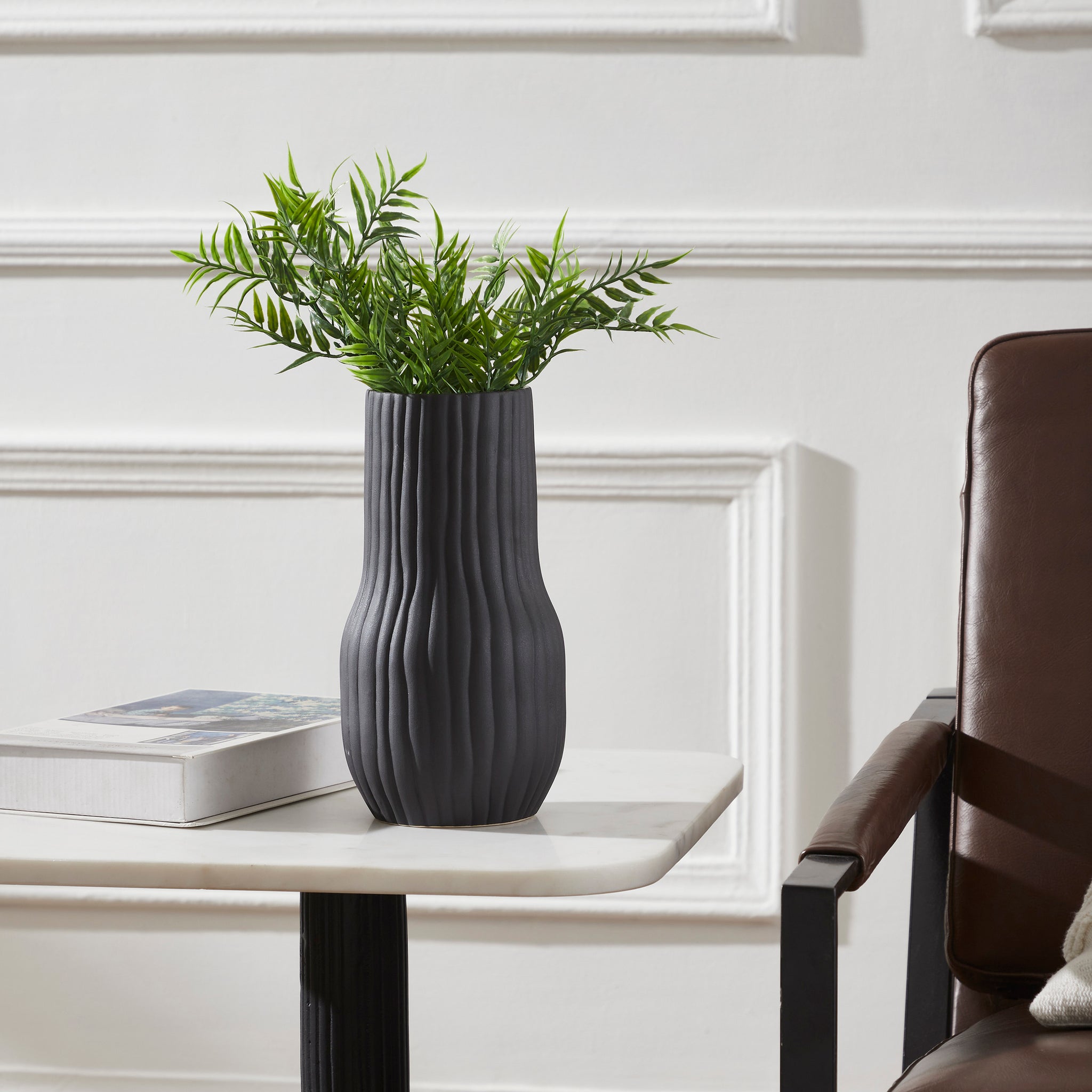 Nocera Vase by Renwil, black vase with greenery on a marble table in a stylish setting