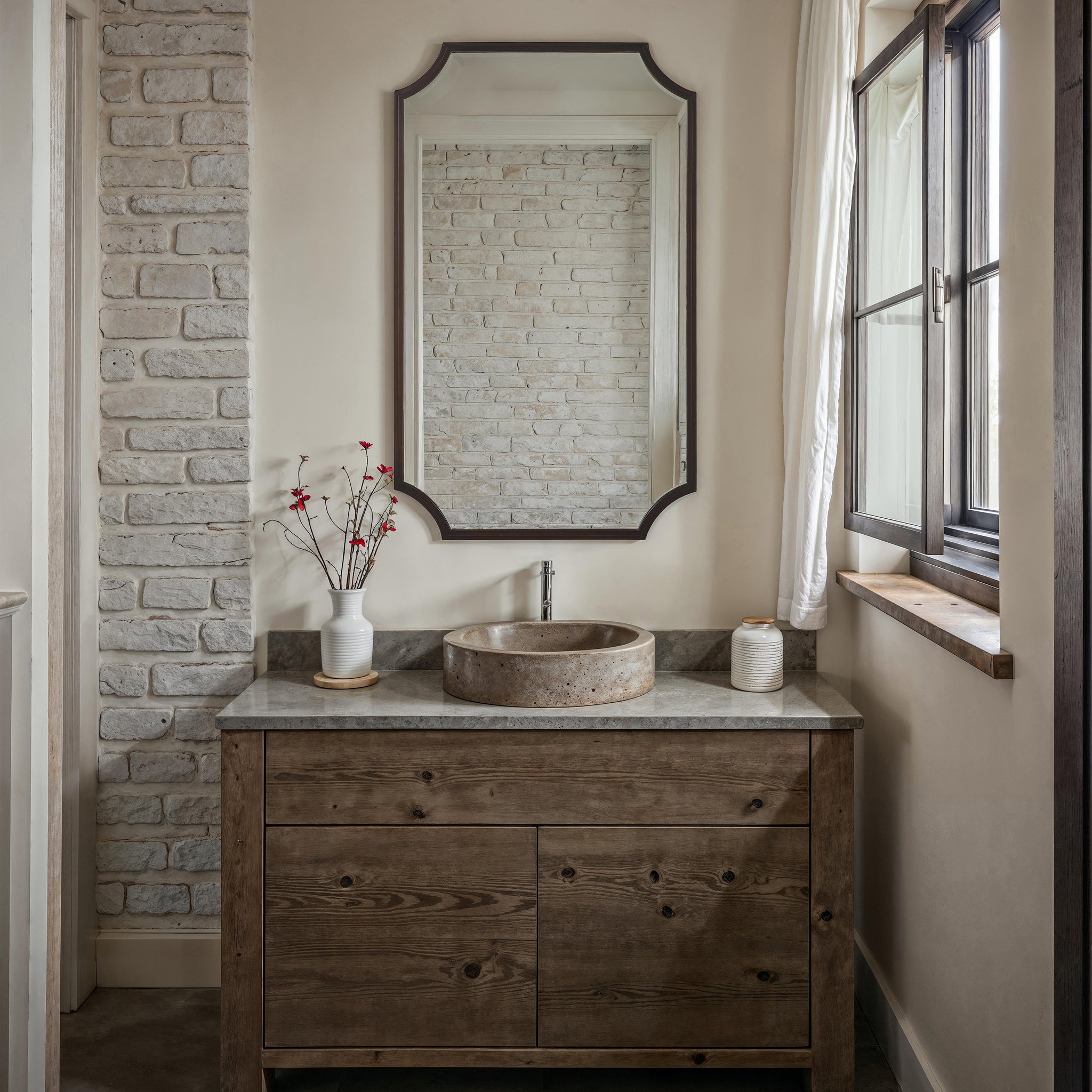Torre mirror with a decorative dark frame above a wooden vanity with a stone sink, set in a light bathroom.