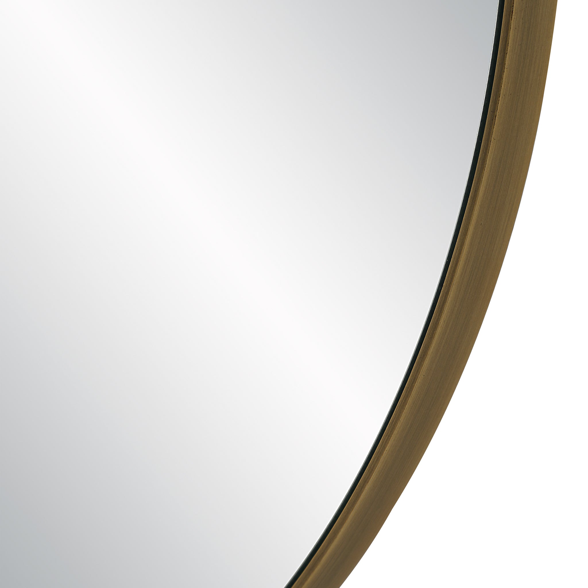 Close-up of Hudson mirror by Renwil, showing gold metal frame and reflective surface.
