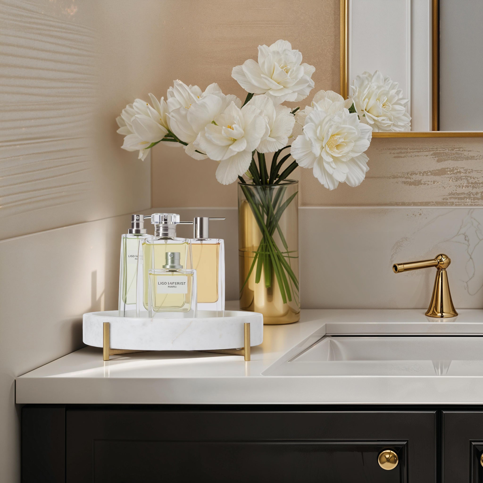 Lingby vase on a bathroom counter with white flowers and perfume bottles.