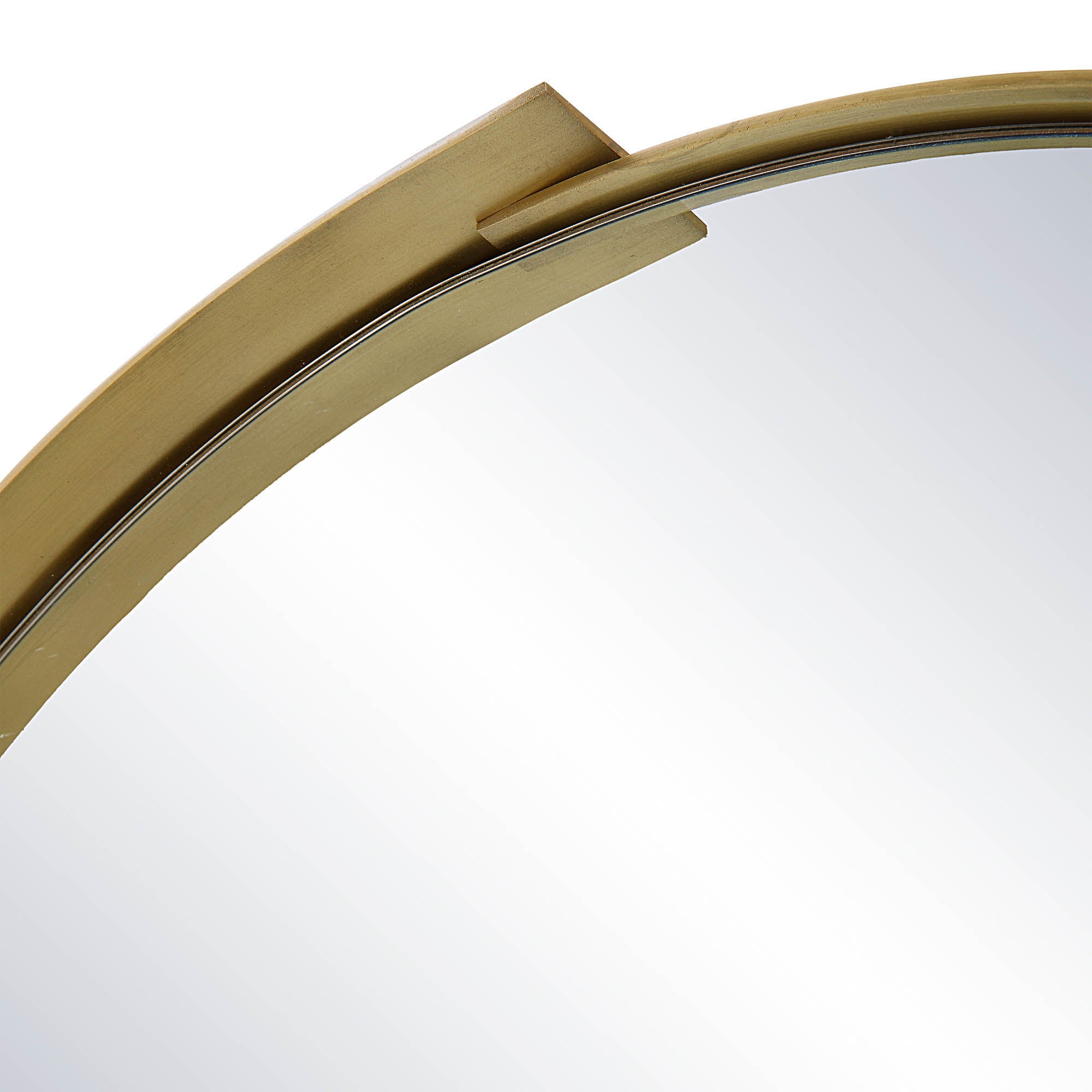 Aleah Wall Mirror with a curved gold frame and reflective surface, top view.