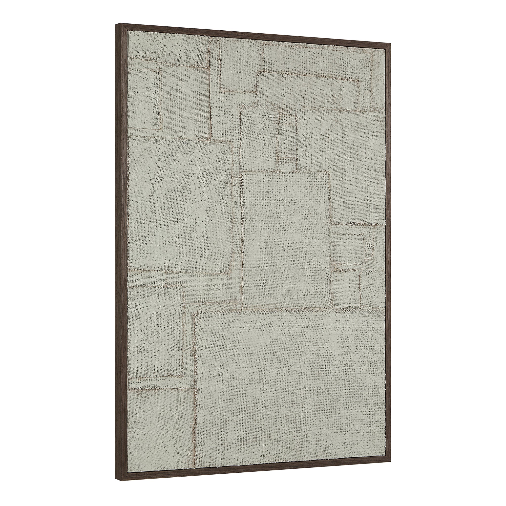 Caramelo wall art angled view, showcasing a light gray textured canvas in a dark frame.